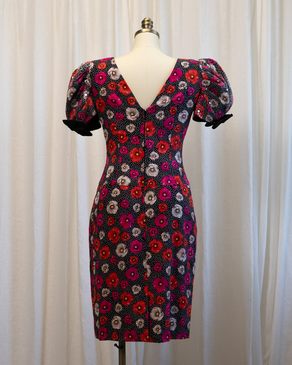 80s Morton Myles Poppies Polka Dot Sequined Puff Sleeve Cocktail Dress