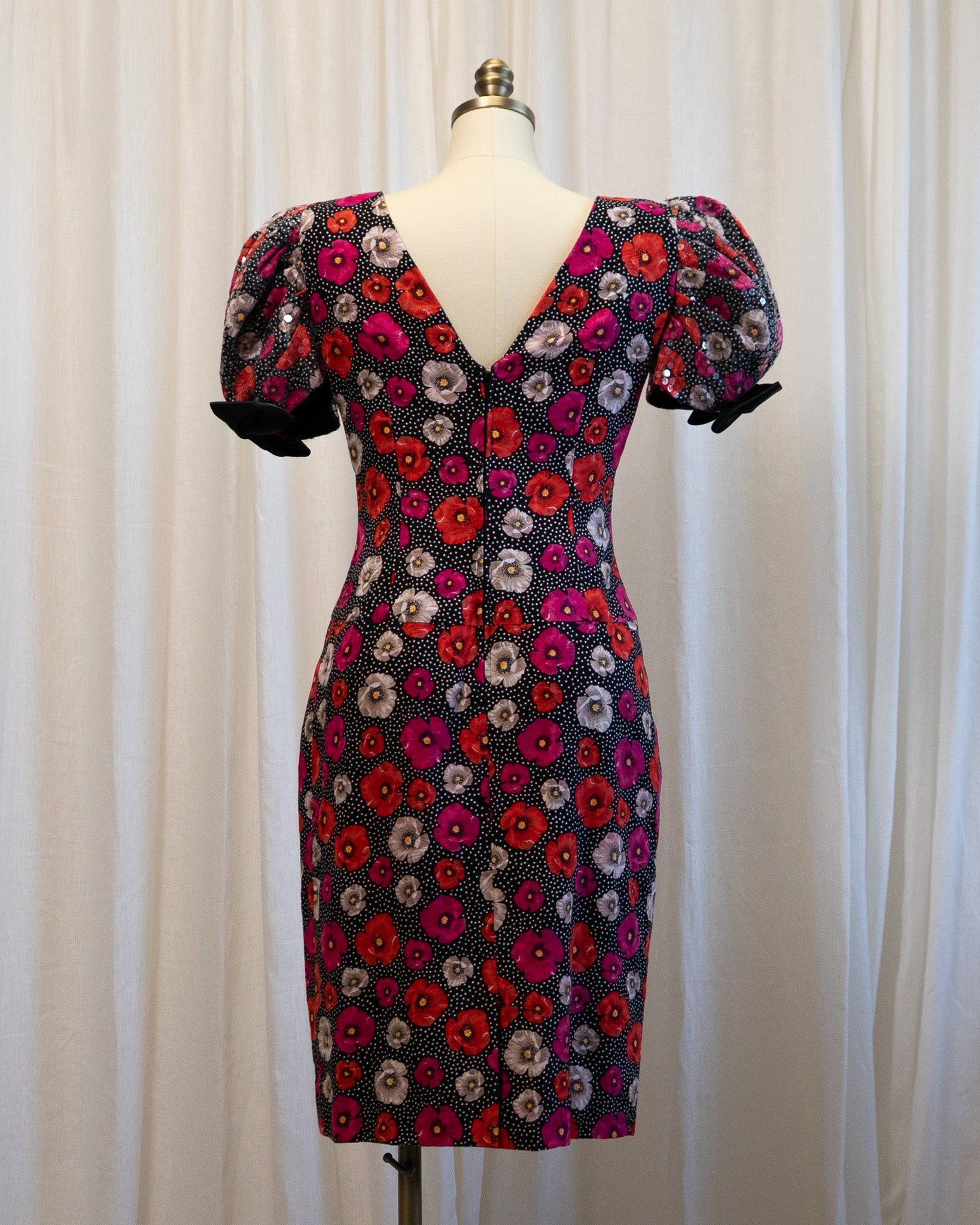 80s Morton Myles Poppies Polka Dot Sequined Puff Sleeve Cocktail Dress