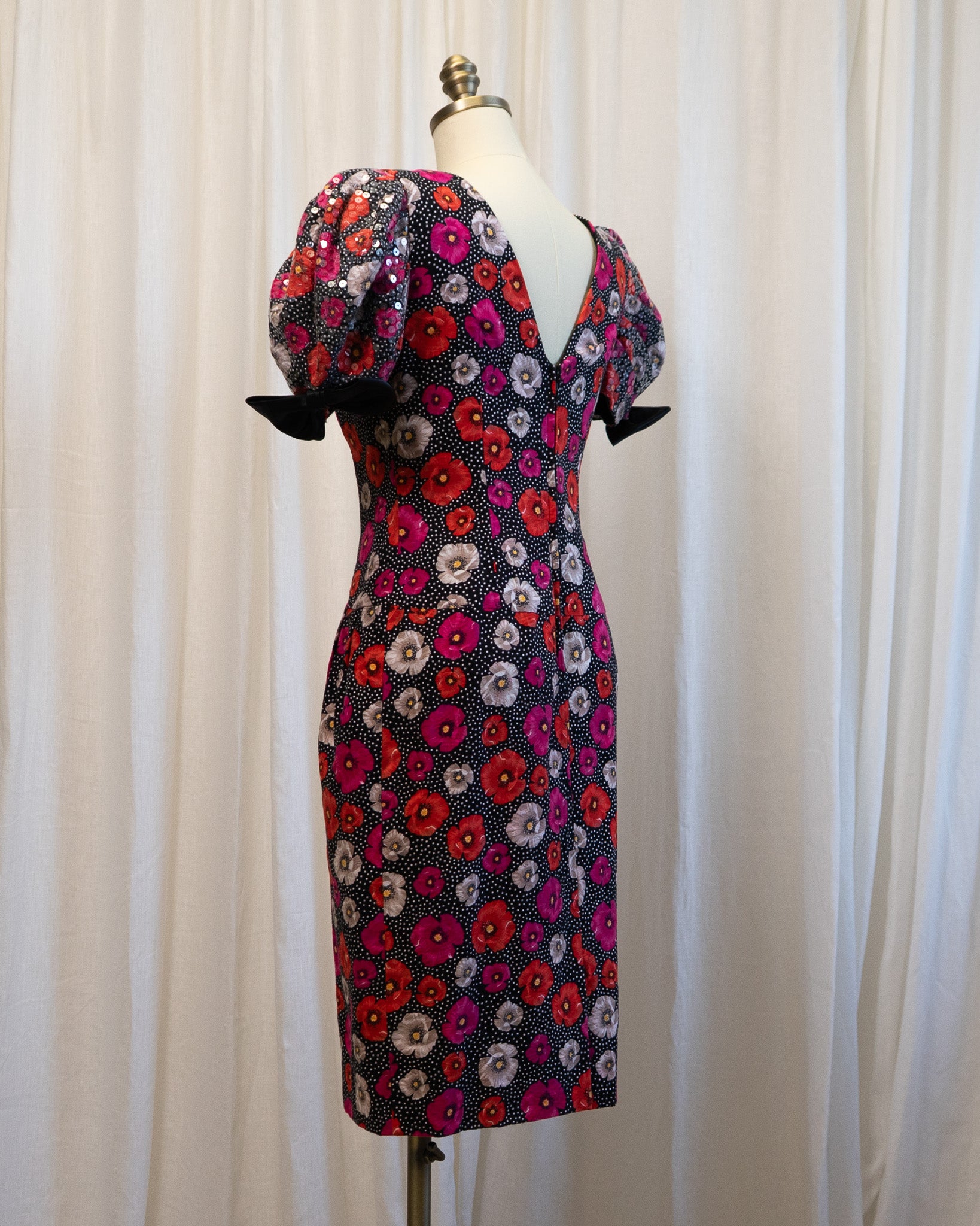 80s Morton Myles Poppies Polka Dot Sequined Puff Sleeve Cocktail Dress