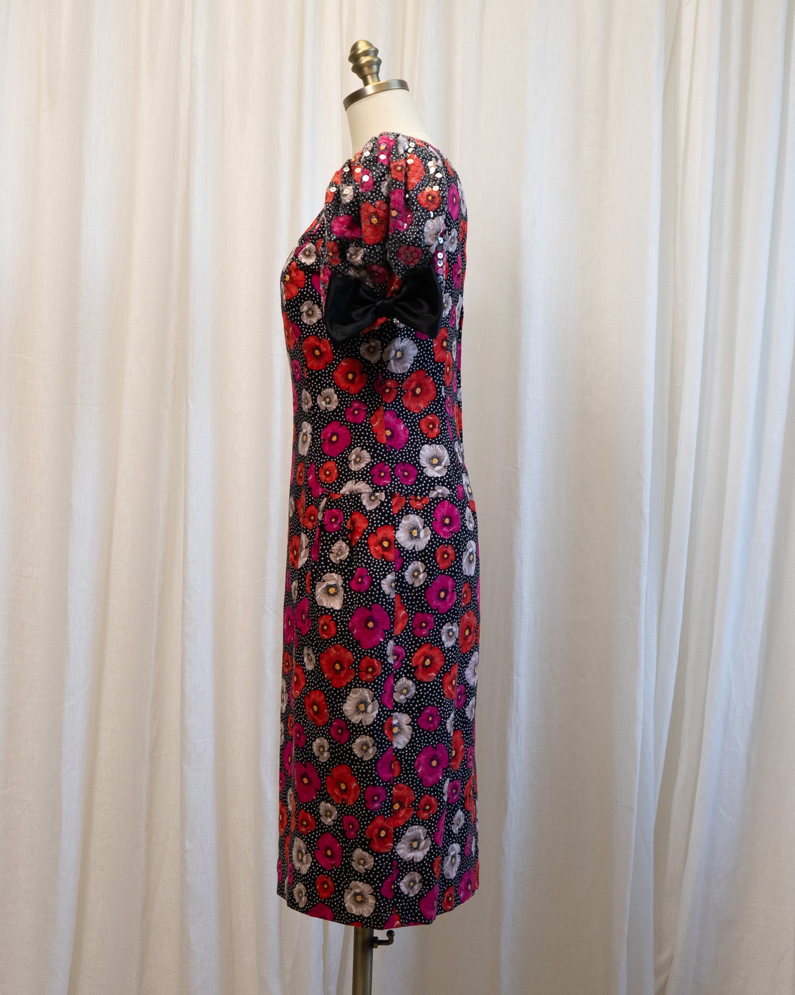 80s Morton Myles Poppies Polka Dot Sequined Puff Sleeve Cocktail Dress