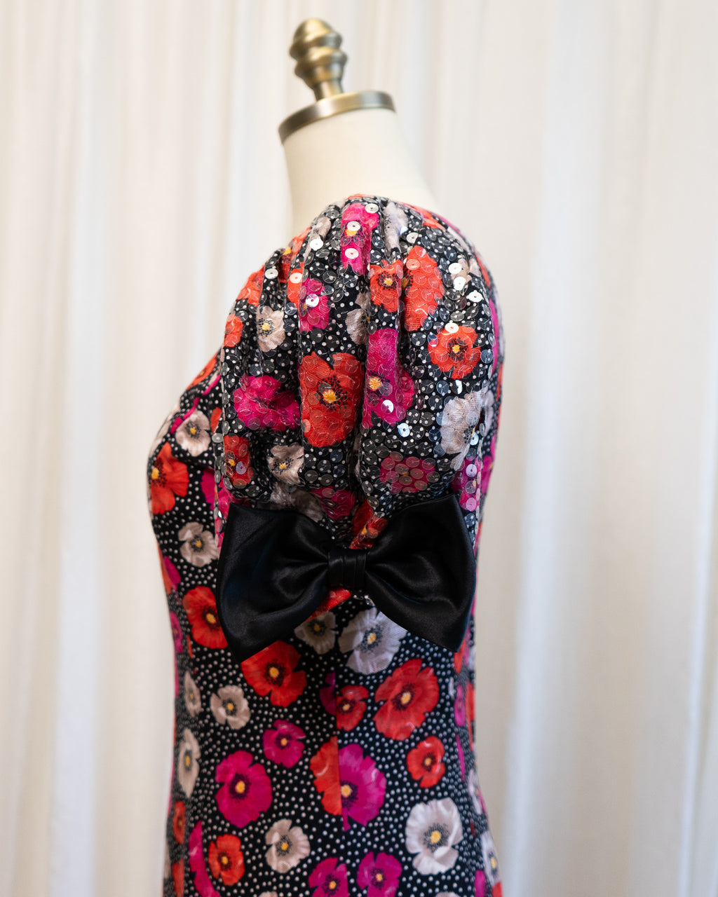 80s Morton Myles Poppies Polka Dot Sequined Puff Sleeve Cocktail Dress