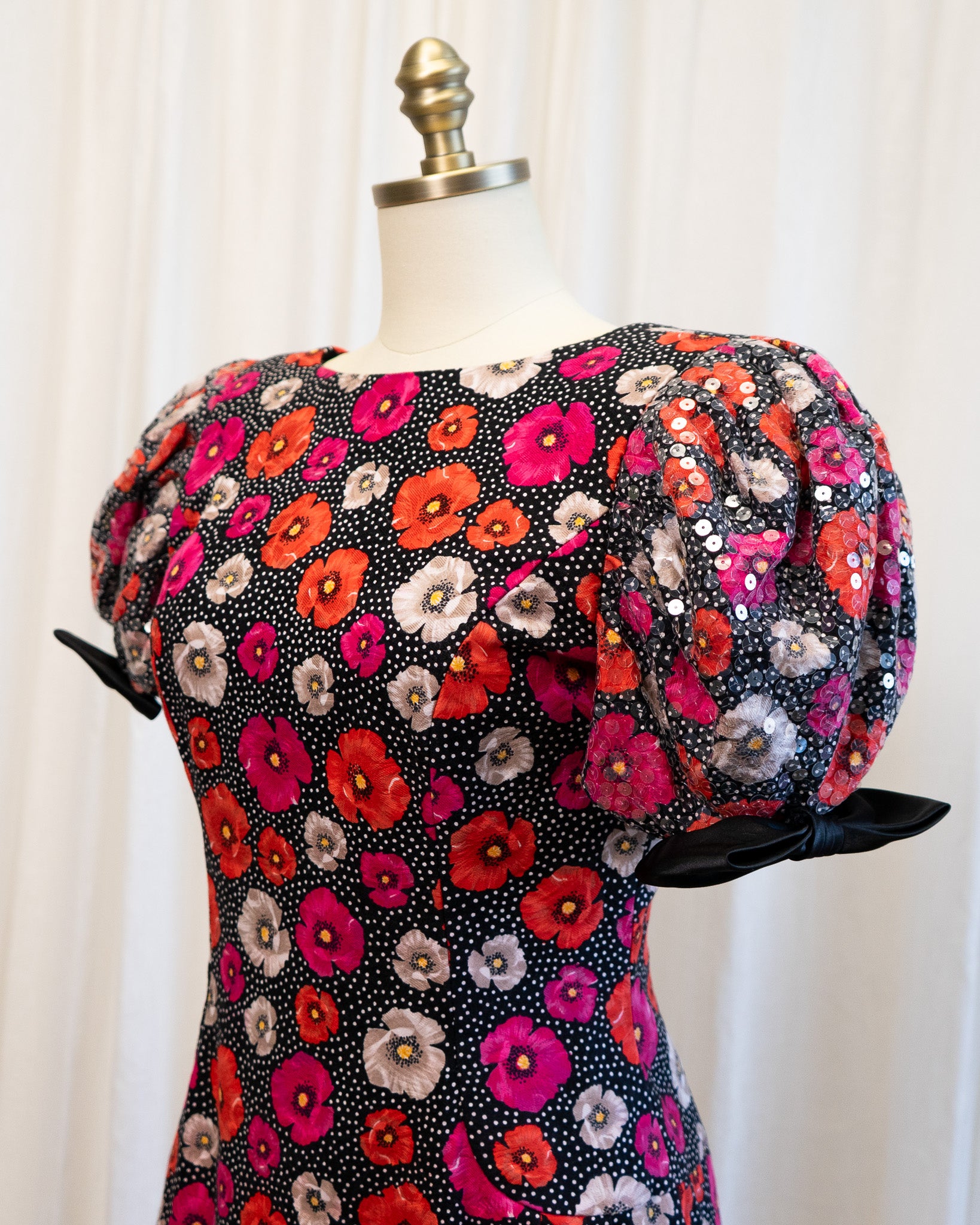 80s Morton Myles Poppies Polka Dot Sequined Puff Sleeve Cocktail Dress