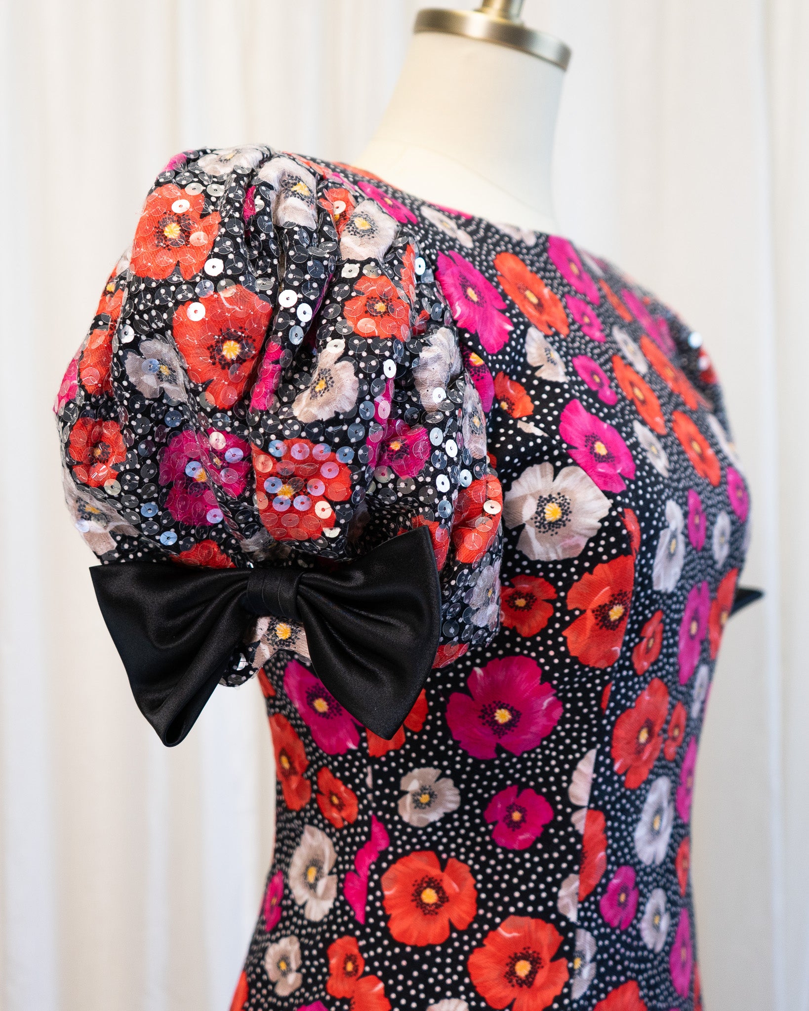 80s Morton Myles Poppies Polka Dot Sequined Puff Sleeve Cocktail Dress