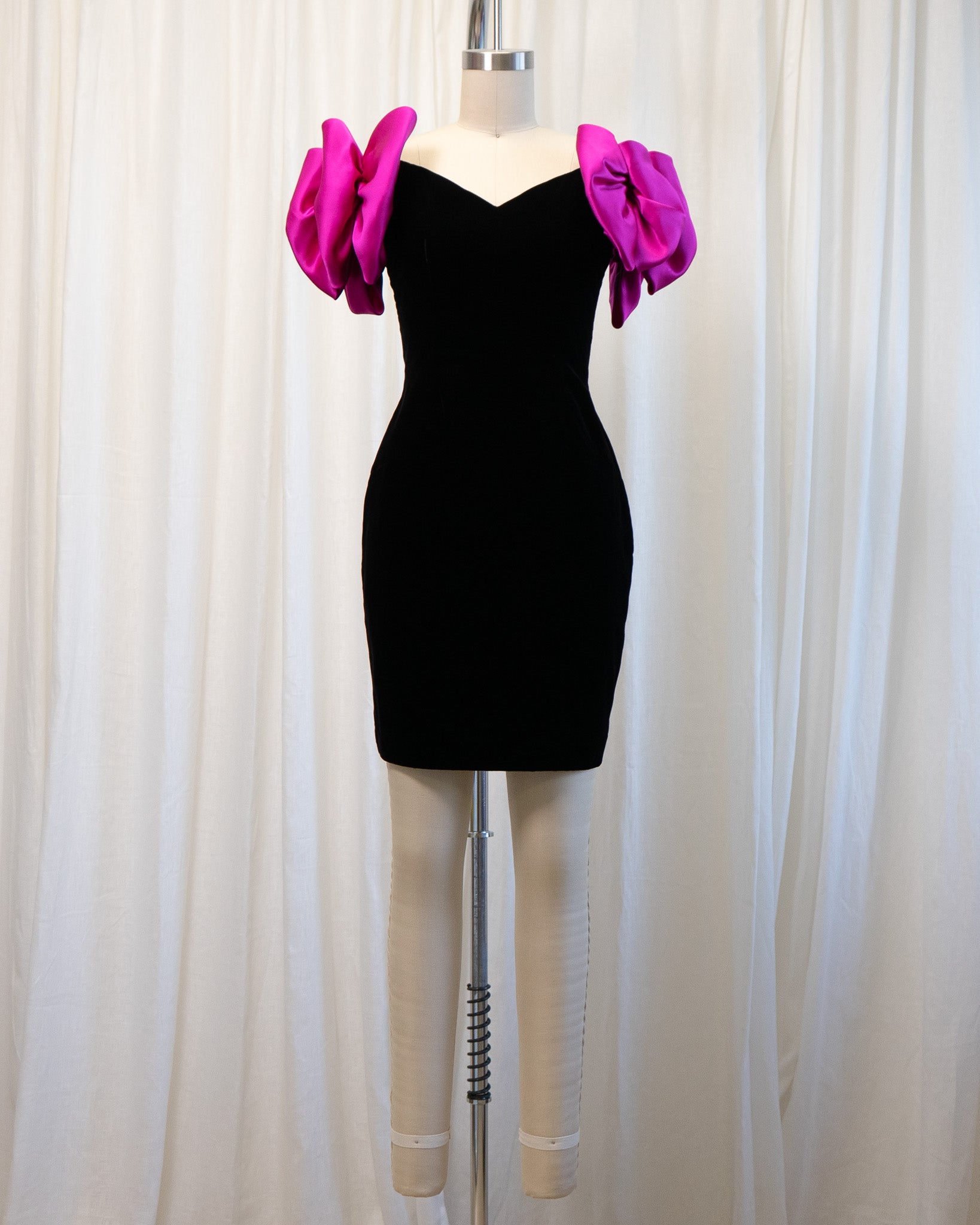 90s Black Velvet & Pink Oversized Bow Straps Mini Dress