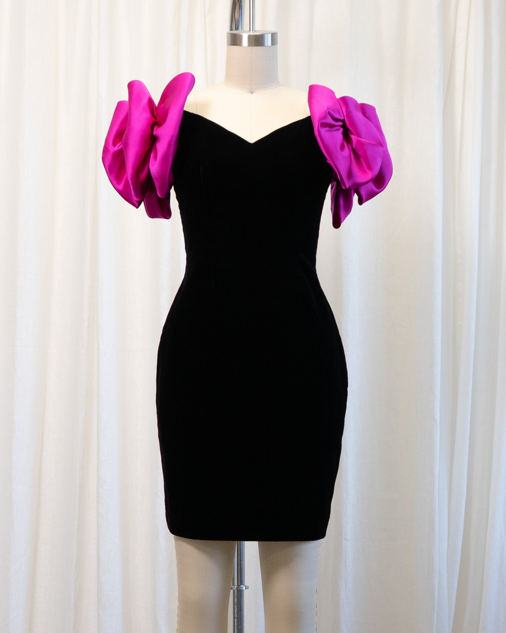 90s Black Velvet & Pink Oversized Bow Straps Mini Dress