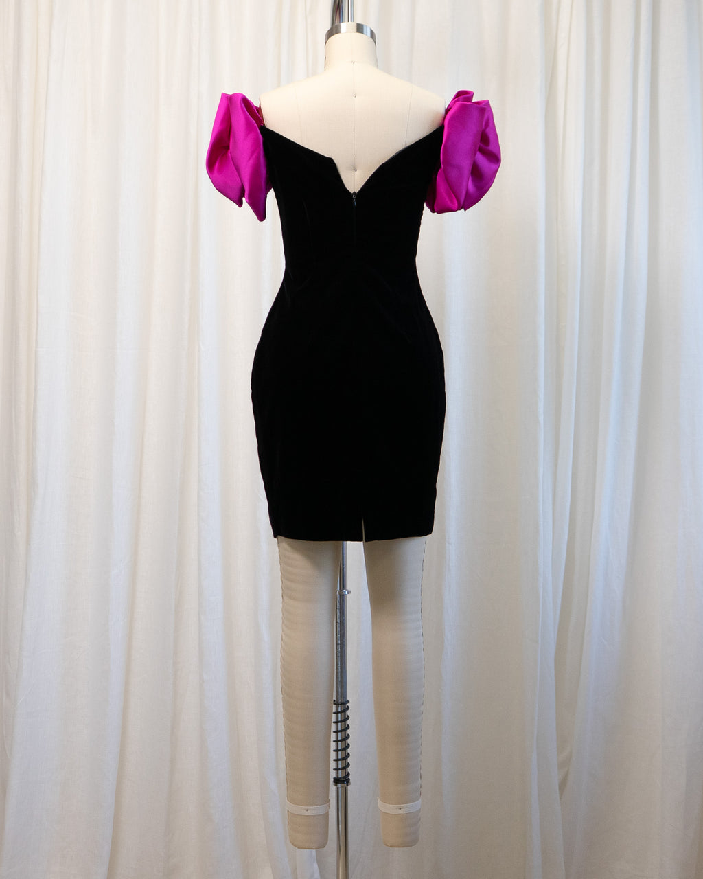 90s Black Velvet & Pink Oversized Bow Straps Mini Dress