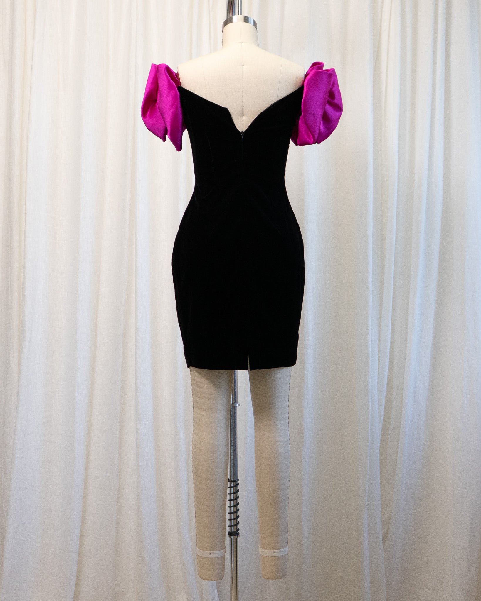 90s Black Velvet & Pink Oversized Bow Straps Mini Dress