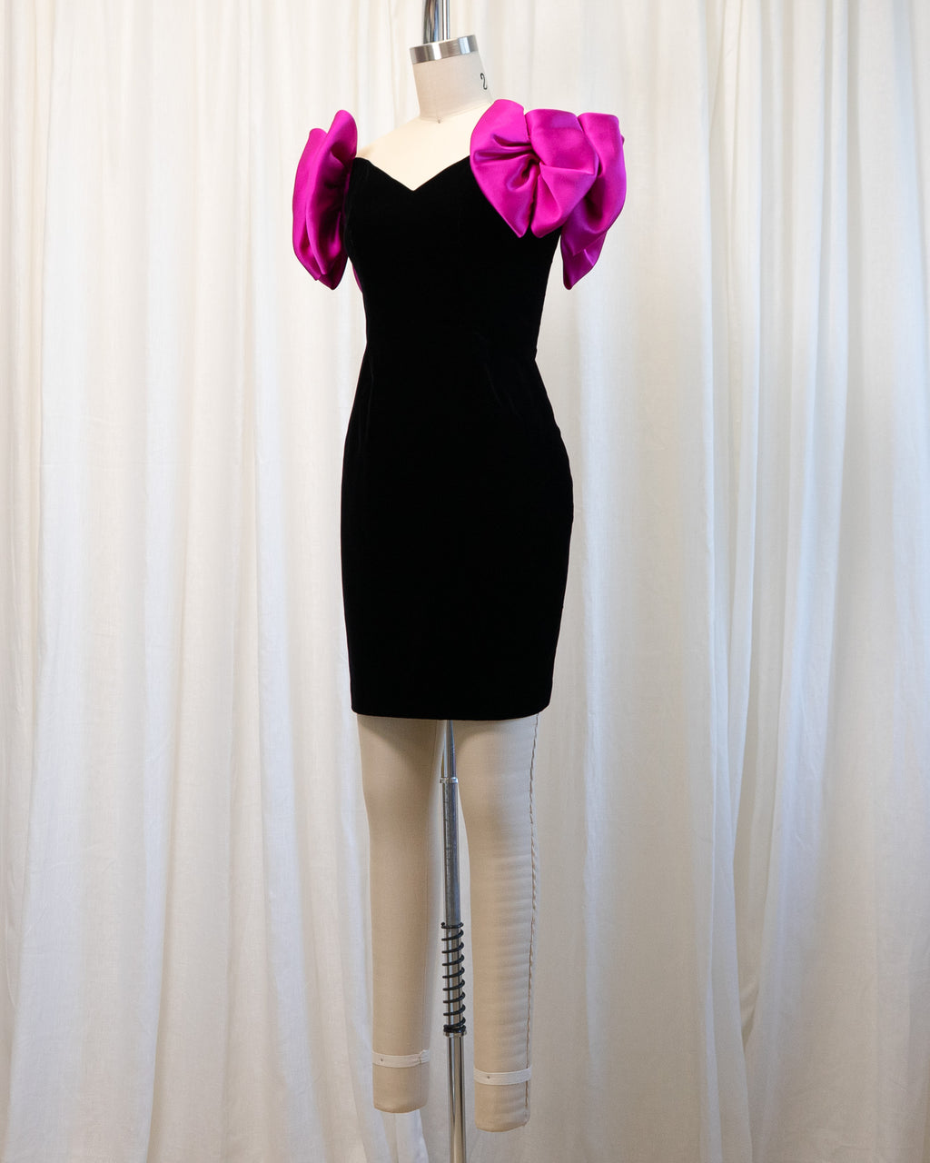 90s Black Velvet & Pink Oversized Bow Straps Mini Dress