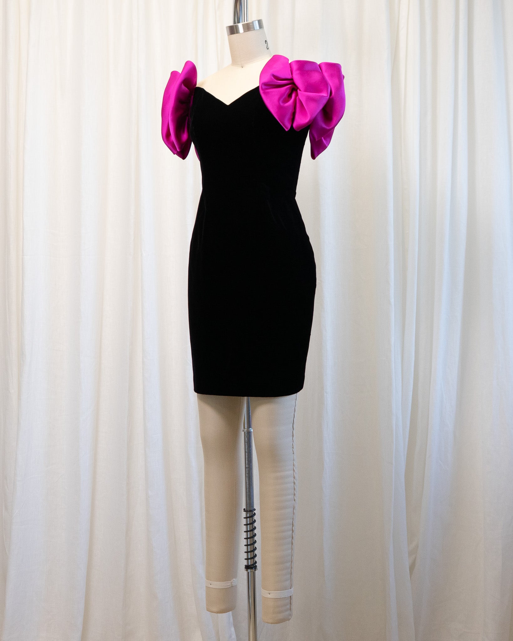 90s Black Velvet & Pink Oversized Bow Straps Mini Dress