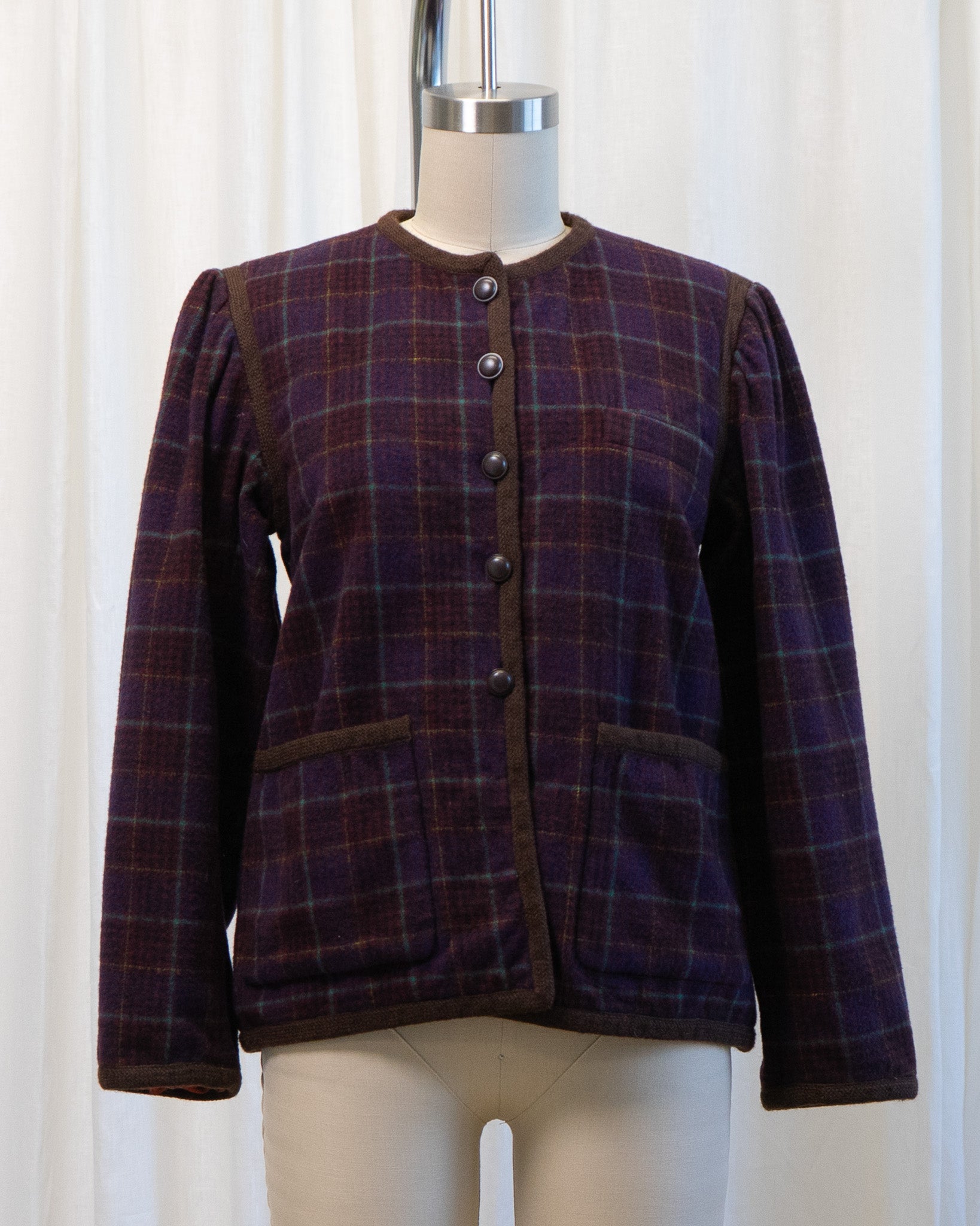 80s Yves Saint Laurent Rive Gauche Wool Maroon Plaid Collarless Fully Lined Jacket