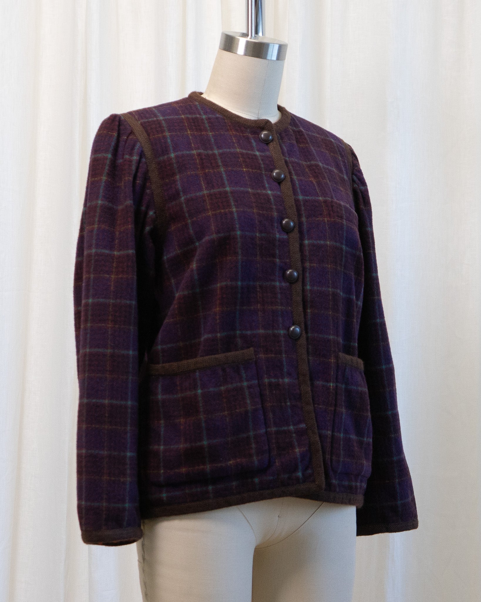 80s Yves Saint Laurent Rive Gauche Wool Maroon Plaid Collarless Fully Lined Jacket