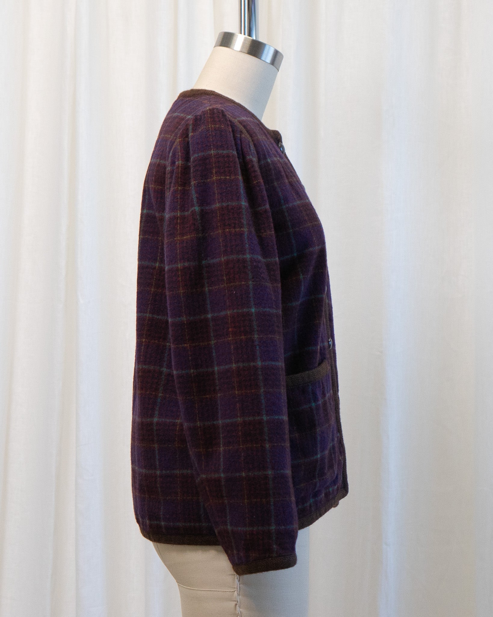 80s Yves Saint Laurent Rive Gauche Wool Maroon Plaid Collarless Fully Lined Jacket