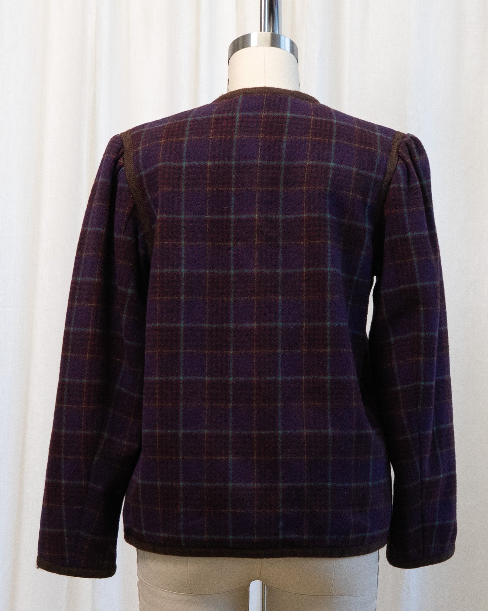 80s Yves Saint Laurent Rive Gauche Wool Maroon Plaid Collarless Fully Lined Jacket