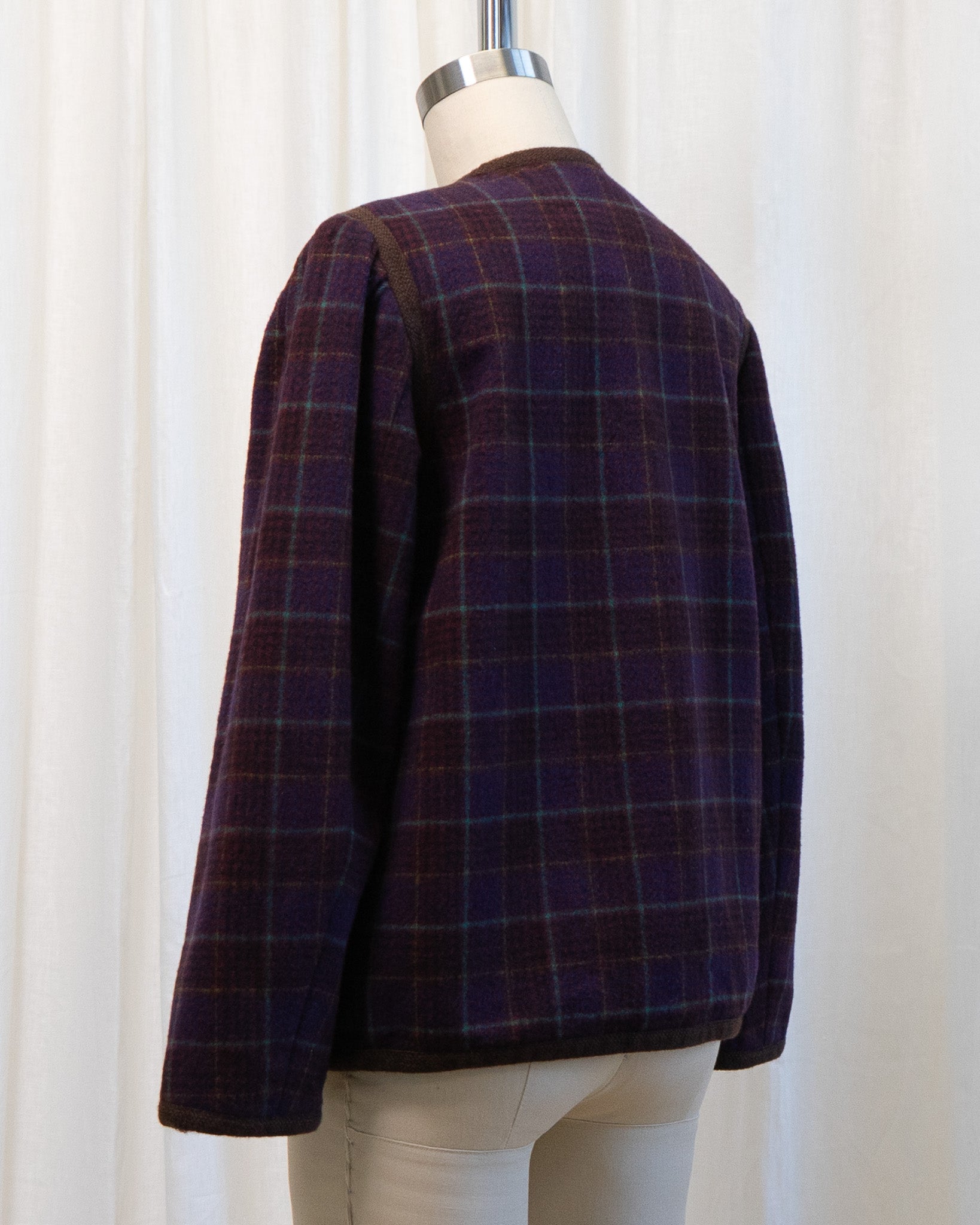 80s Yves Saint Laurent Rive Gauche Wool Maroon Plaid Collarless Fully Lined Jacket