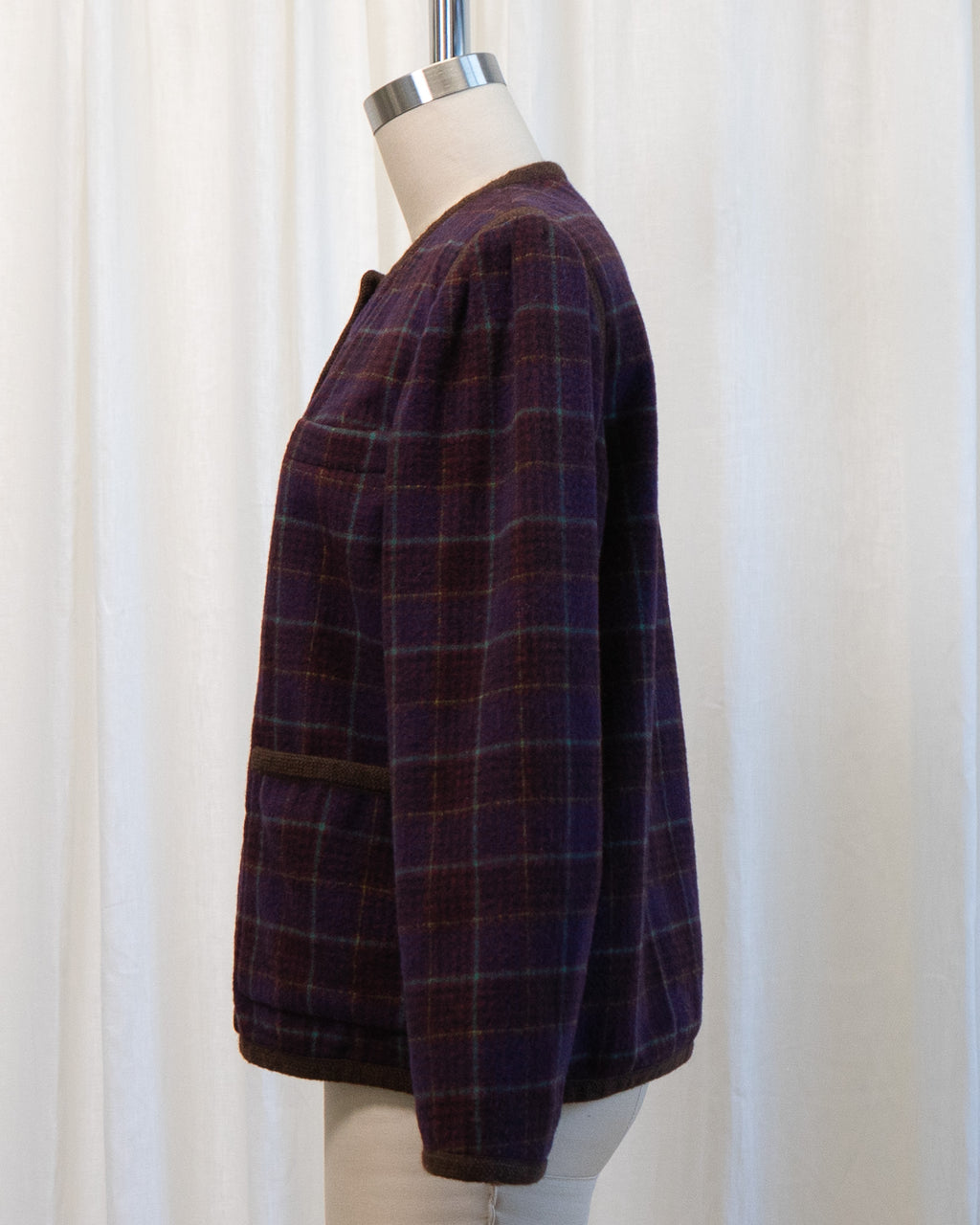 80s Yves Saint Laurent Rive Gauche Wool Maroon Plaid Collarless Fully Lined Jacket