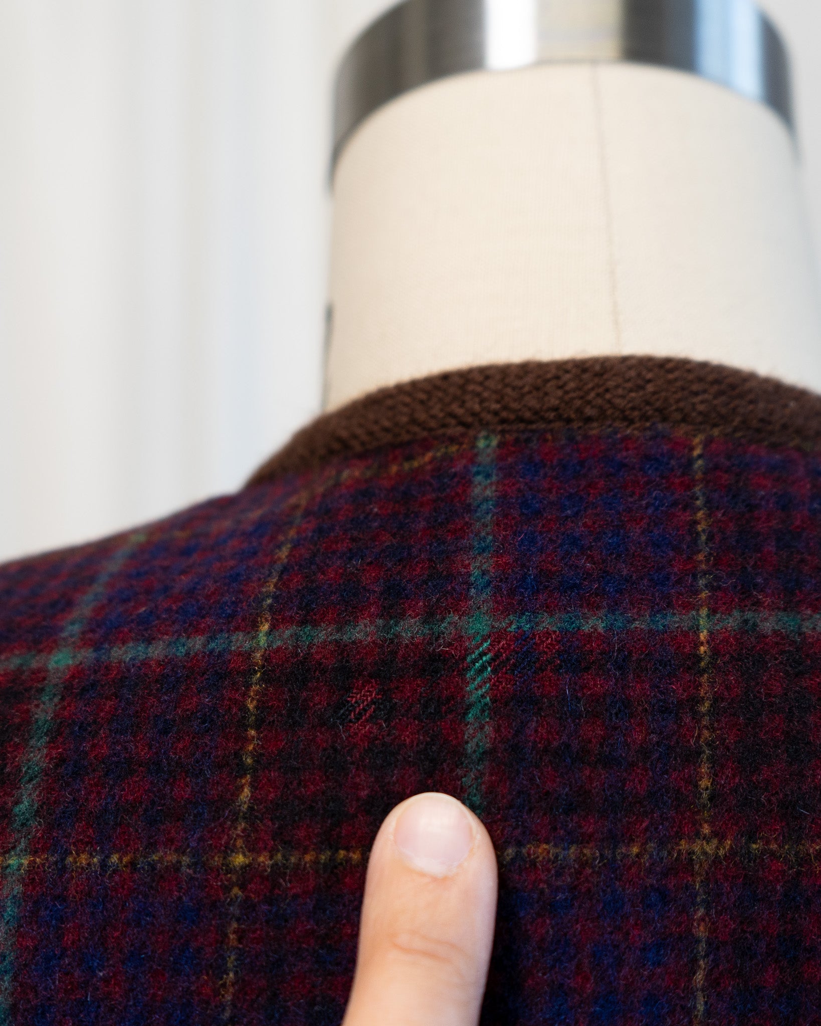 80s Yves Saint Laurent Rive Gauche Wool Maroon Plaid Collarless Fully Lined Jacket