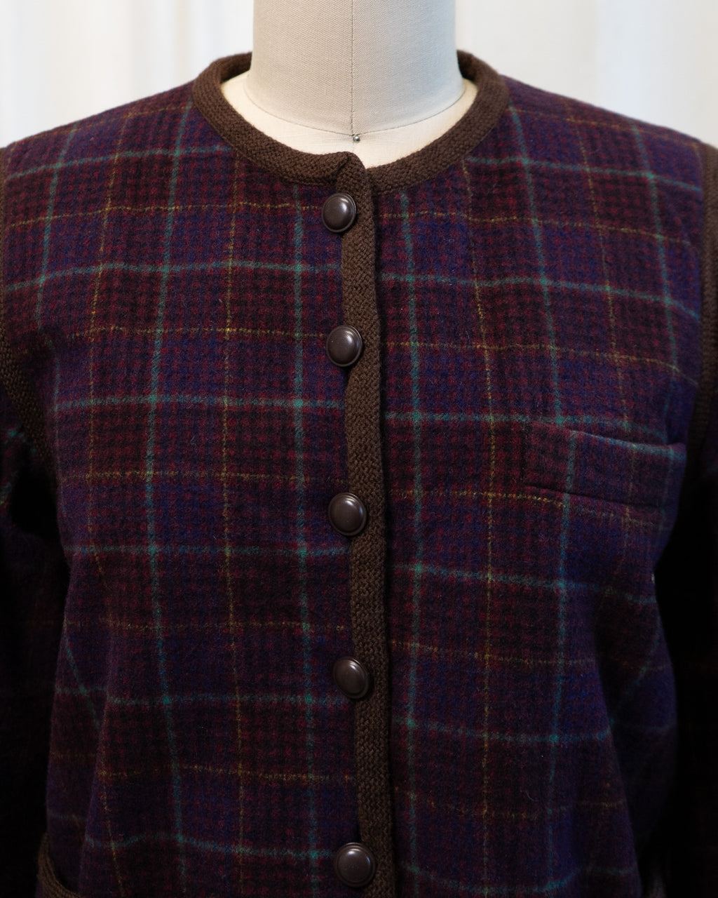 80s Yves Saint Laurent Rive Gauche Wool Maroon Plaid Collarless Fully Lined Jacket