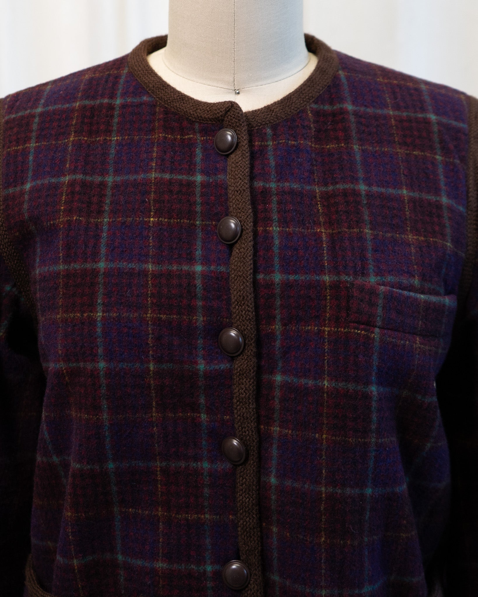 80s Yves Saint Laurent Rive Gauche Wool Maroon Plaid Collarless Fully Lined Jacket