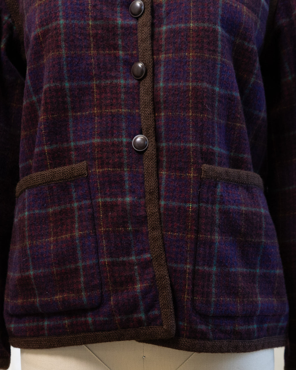 80s Yves Saint Laurent Rive Gauche Wool Maroon Plaid Collarless Fully Lined Jacket