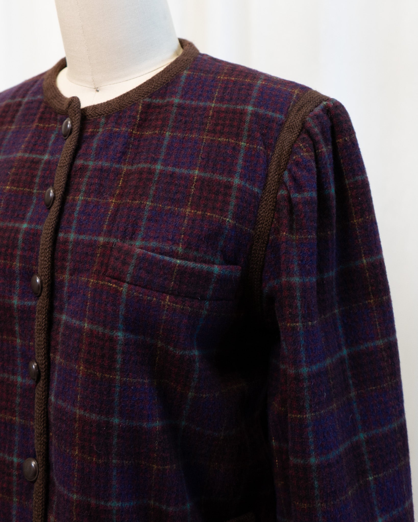 80s Yves Saint Laurent Rive Gauche Wool Maroon Plaid Collarless Fully Lined Jacket