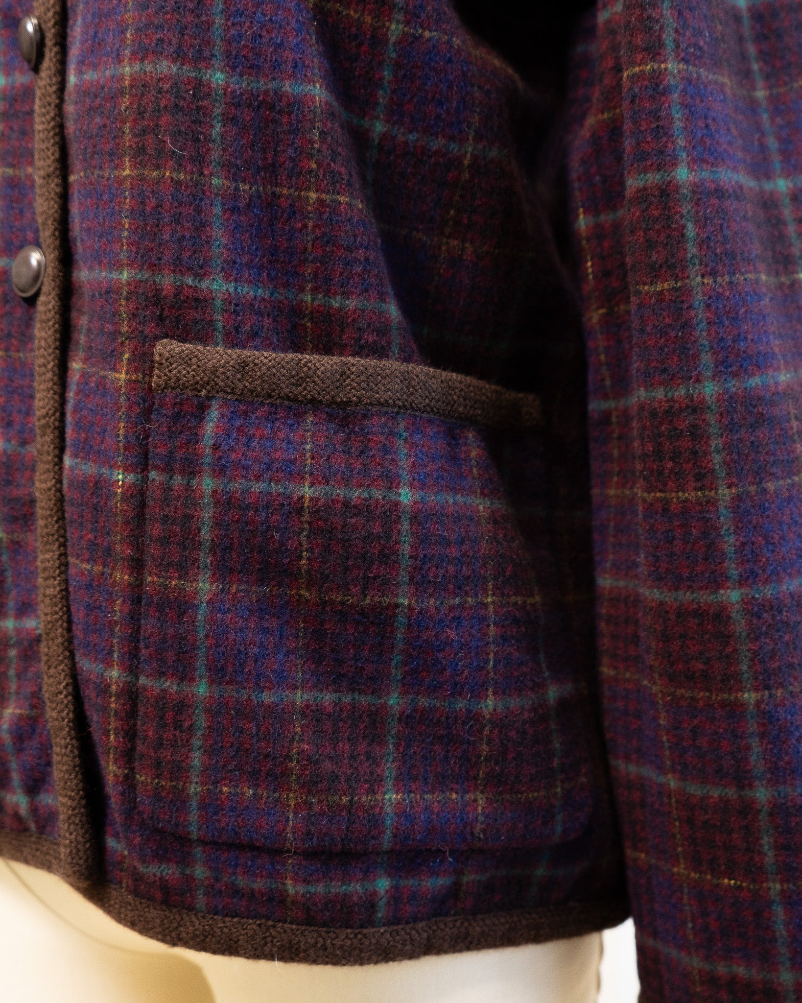 80s Yves Saint Laurent Rive Gauche Wool Maroon Plaid Collarless Fully Lined Jacket