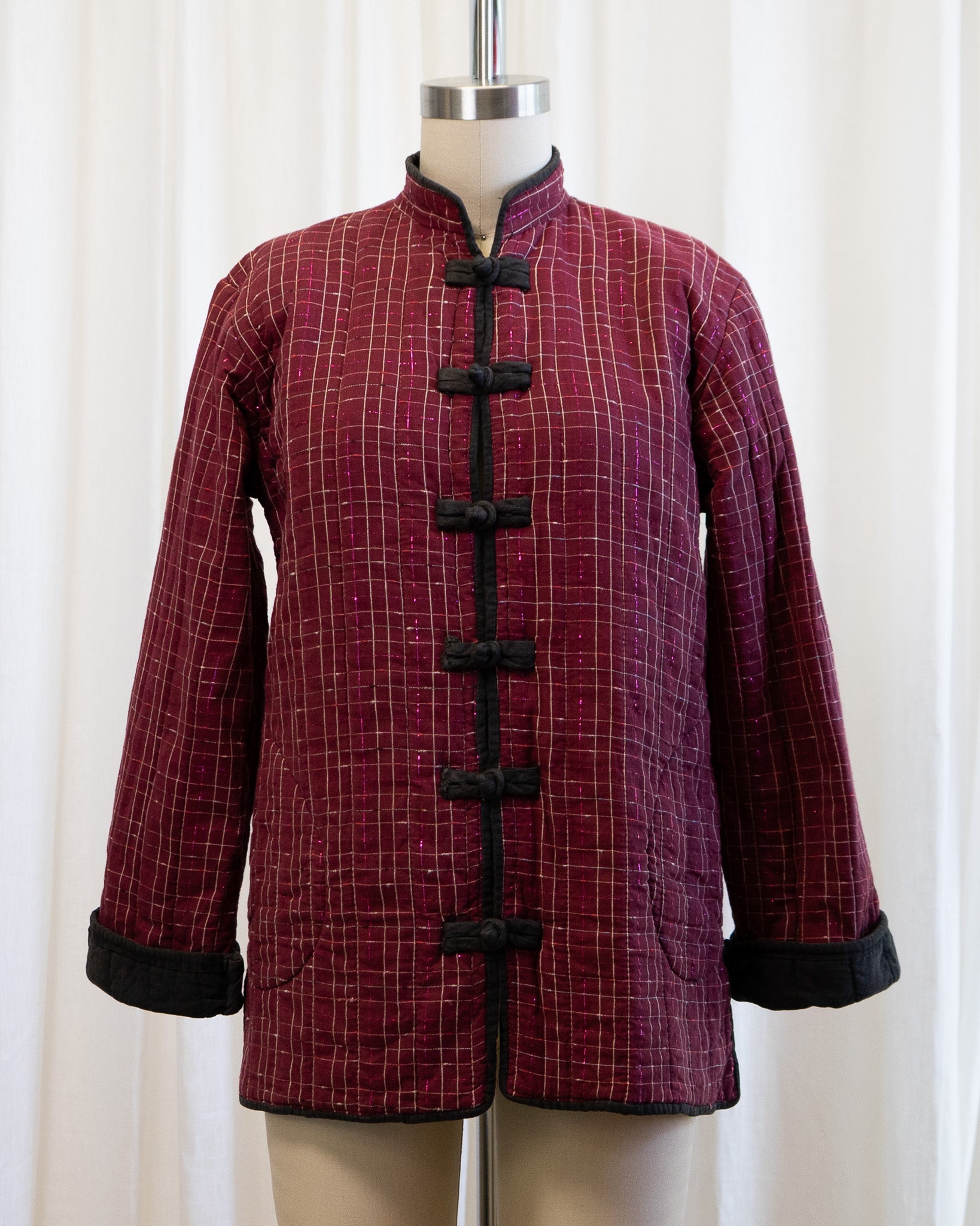 80s Chinese Tang Suit Indian Cotton Quilted Jacket in Maroon & Pink Lamé Plaid