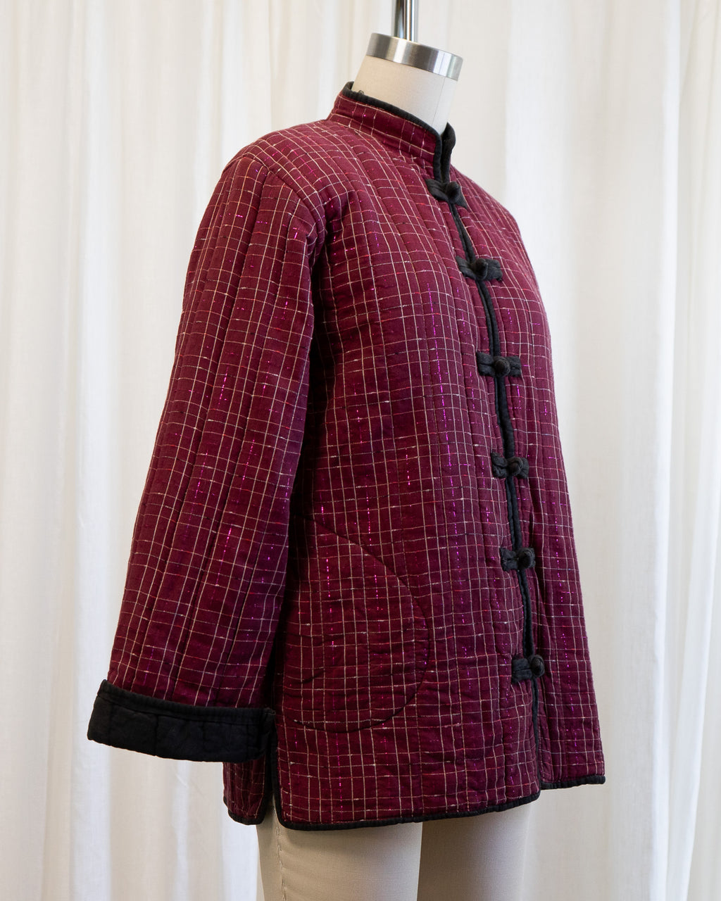 80s Chinese Tang Suit Indian Cotton Quilted Jacket in Maroon & Pink Lamé Plaid
