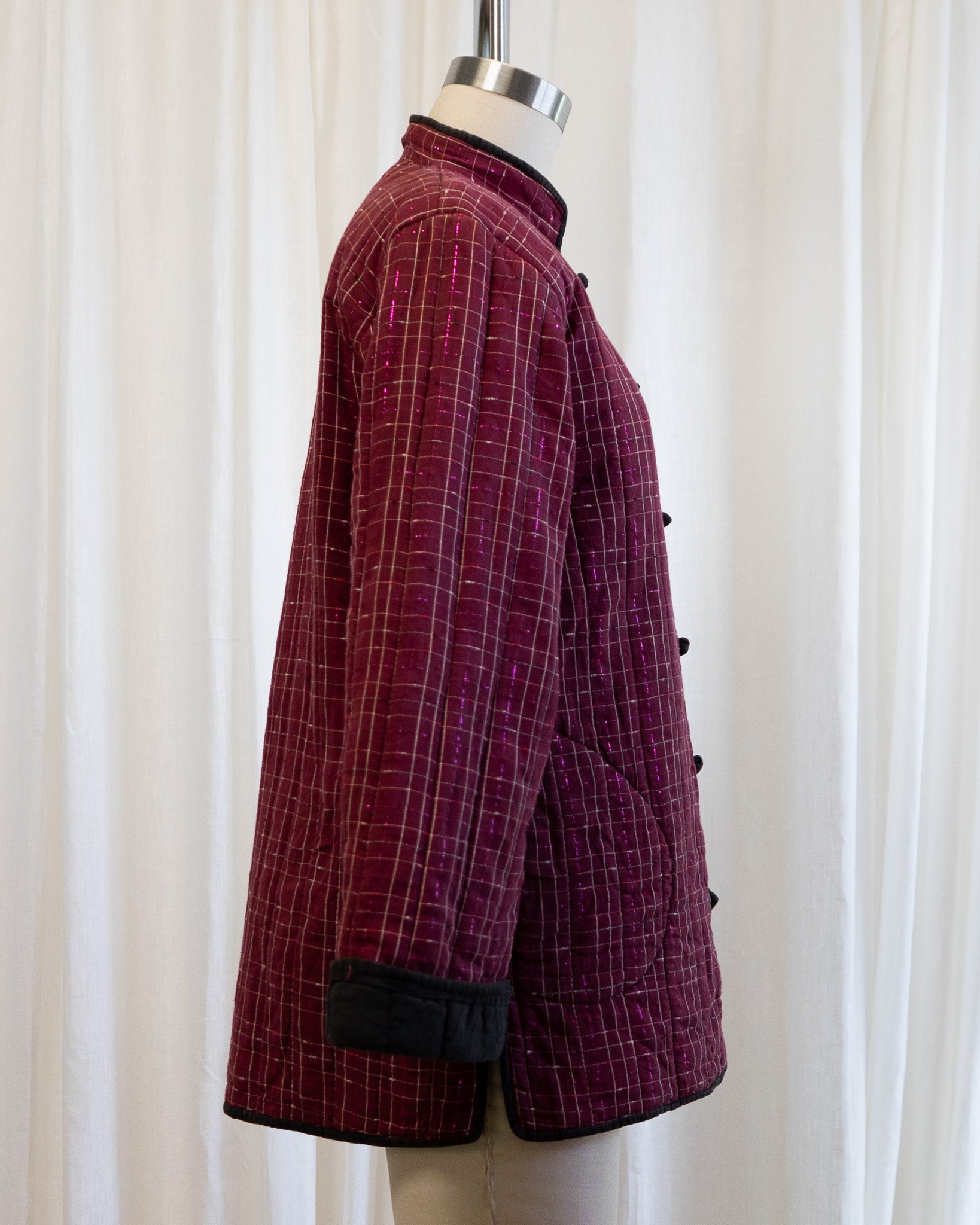 80s Chinese Tang Suit Indian Cotton Quilted Jacket in Maroon & Pink Lamé Plaid