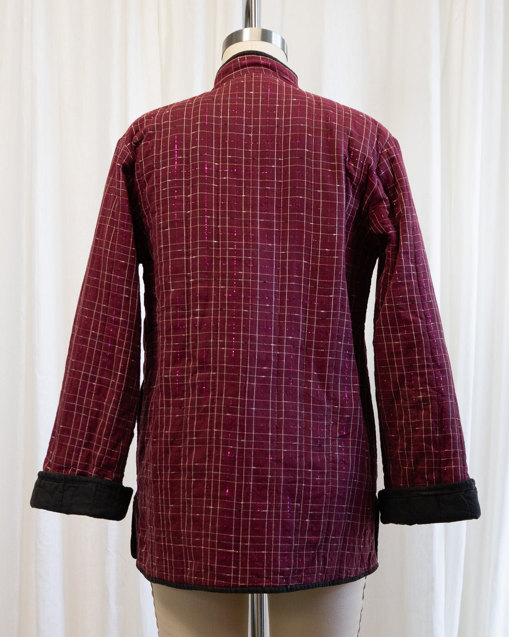 80s Chinese Tang Suit Indian Cotton Quilted Jacket in Maroon & Pink Lamé Plaid
