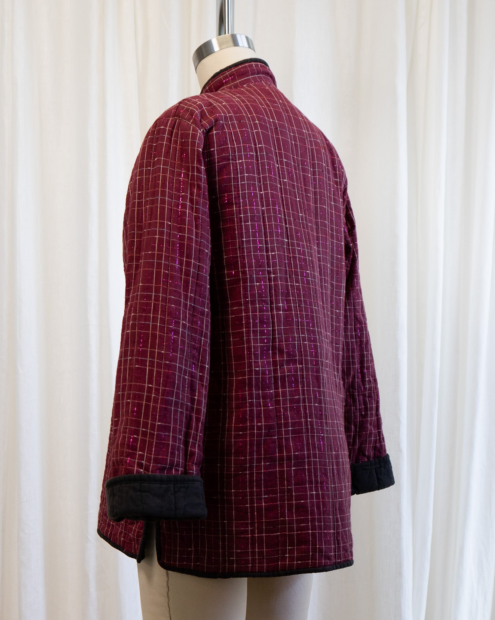 80s Chinese Tang Suit Indian Cotton Quilted Jacket in Maroon & Pink Lamé Plaid