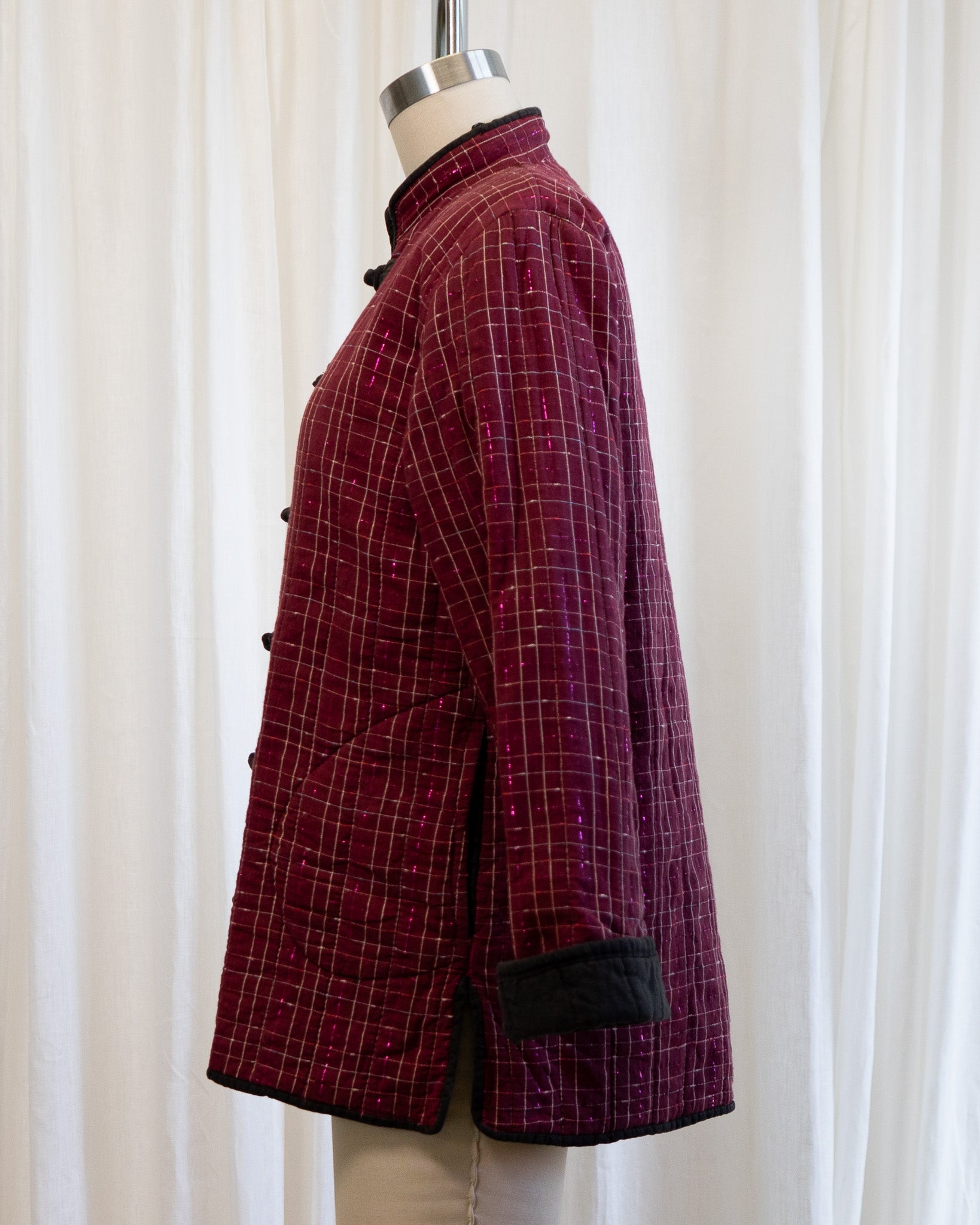 80s Chinese Tang Suit Indian Cotton Quilted Jacket in Maroon & Pink Lamé Plaid