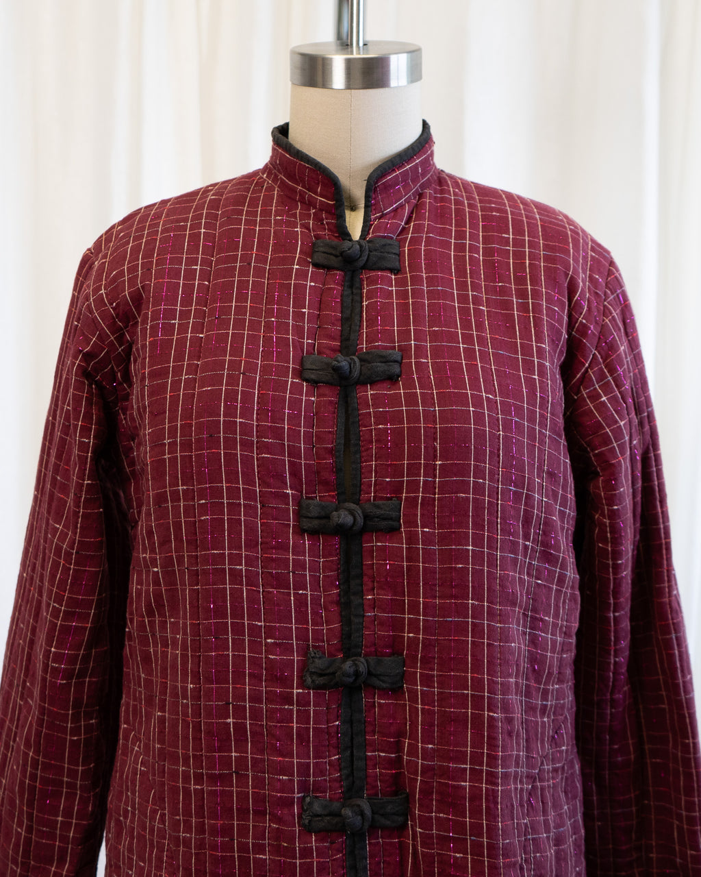 80s Chinese Tang Suit Indian Cotton Quilted Jacket in Maroon & Pink Lamé Plaid