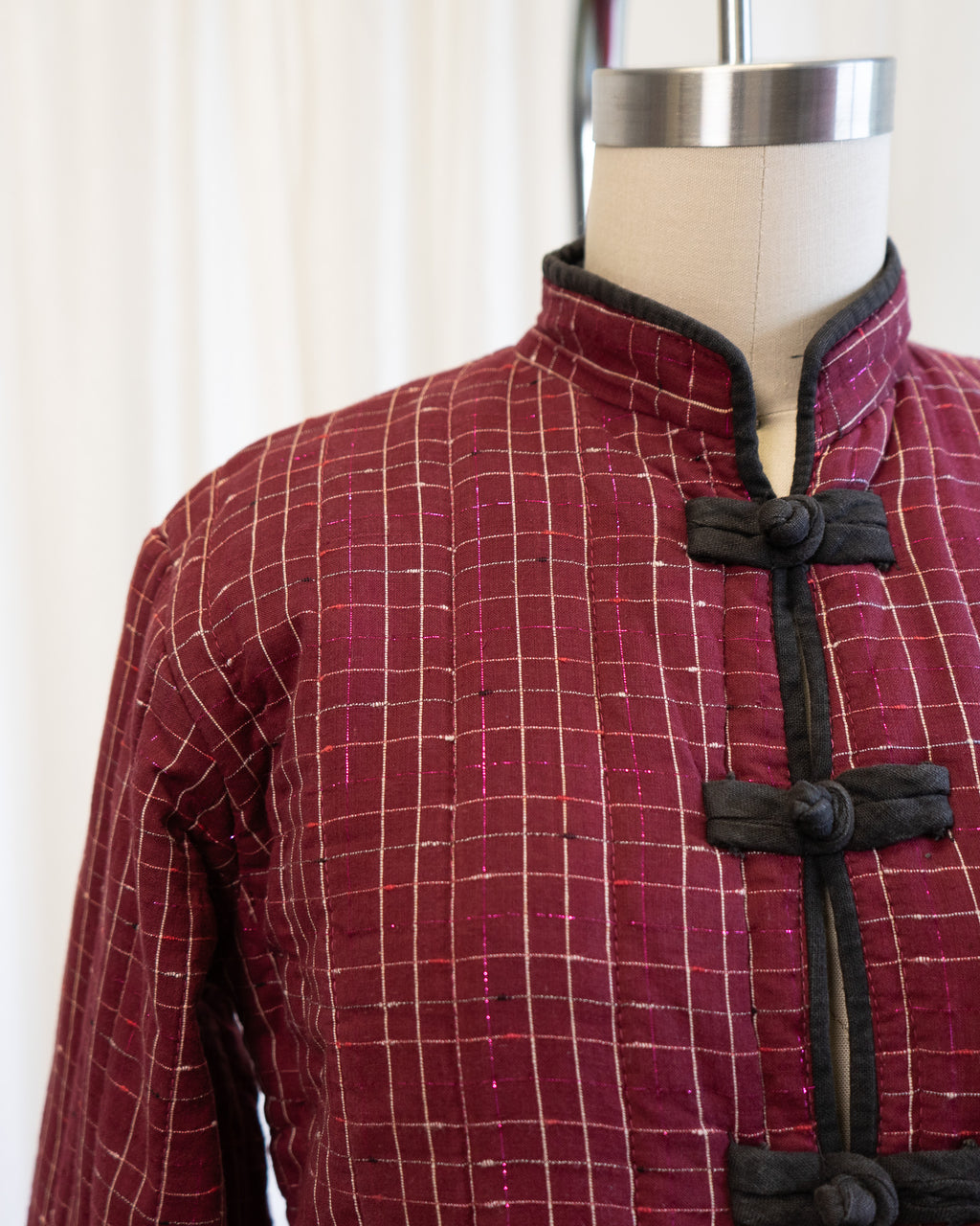 80s Chinese Tang Suit Indian Cotton Quilted Jacket in Maroon & Pink Lamé Plaid