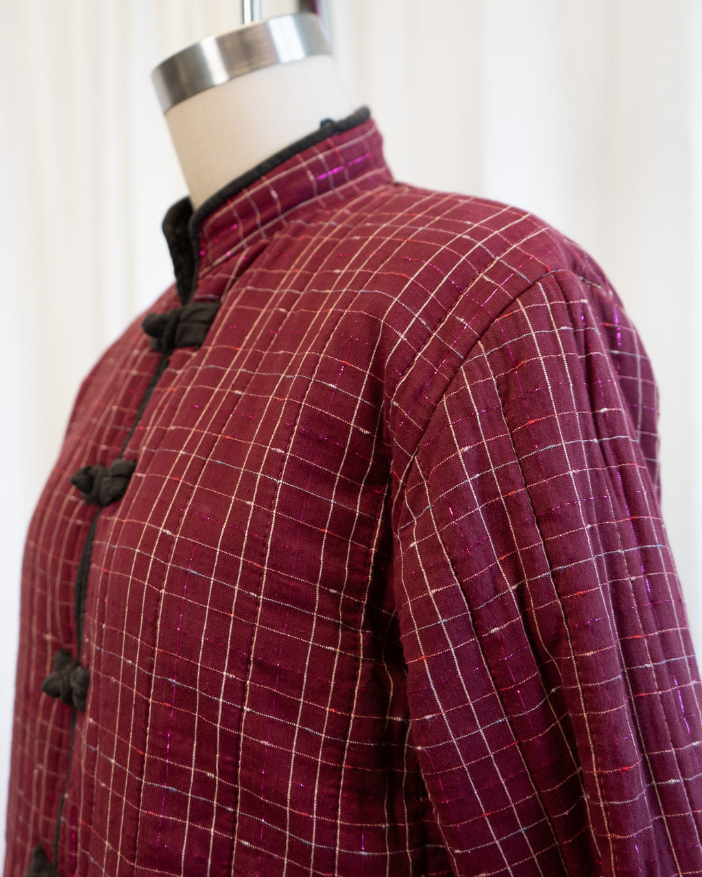 80s Chinese Tang Suit Indian Cotton Quilted Jacket in Maroon & Pink Lamé Plaid