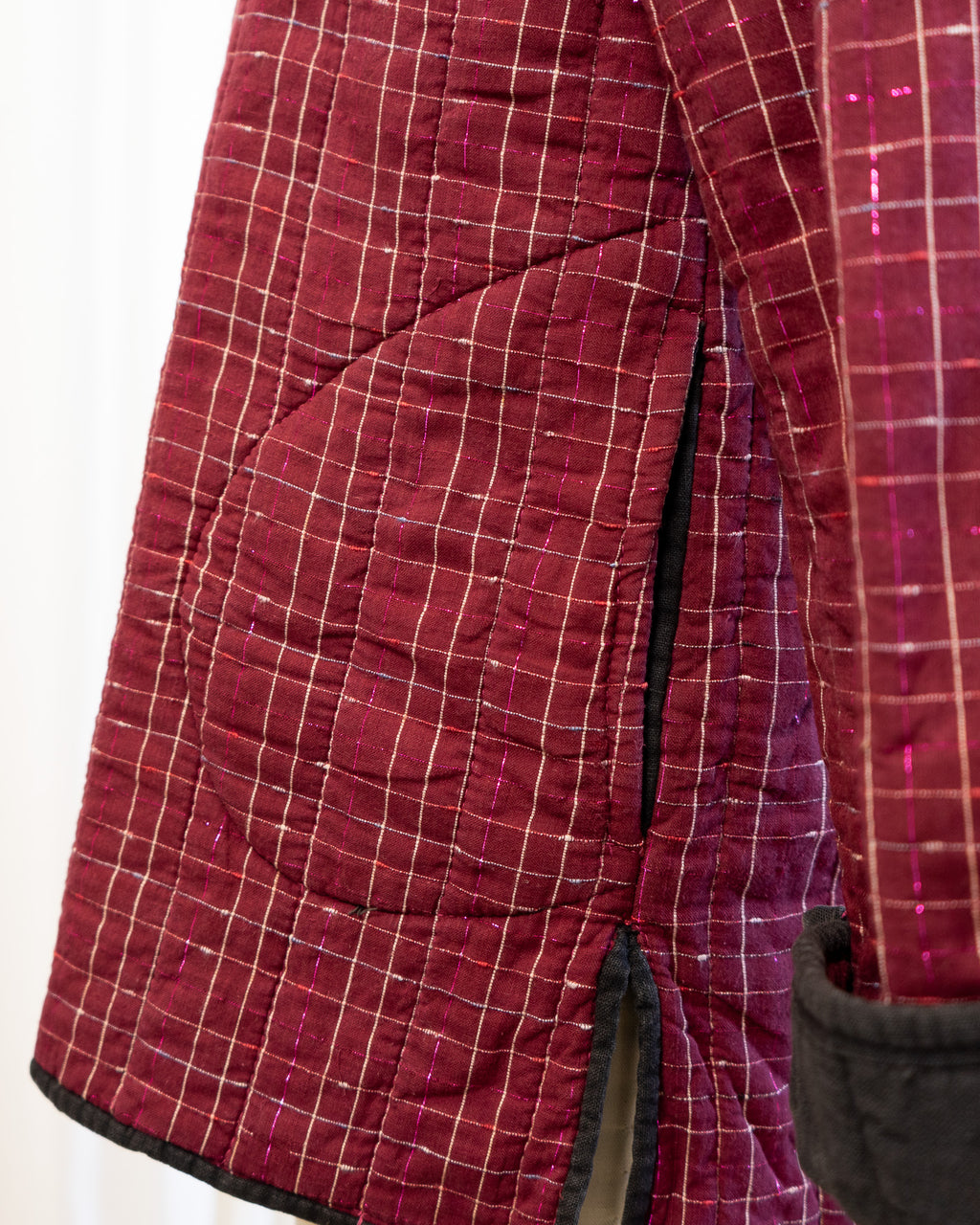 80s Chinese Tang Suit Indian Cotton Quilted Jacket in Maroon & Pink Lamé Plaid