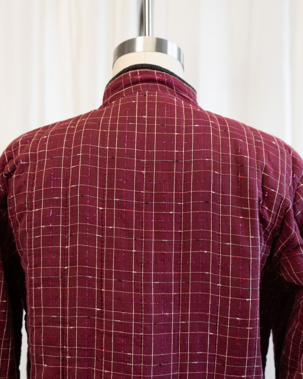 80s Chinese Tang Suit Indian Cotton Quilted Jacket in Maroon & Pink Lamé Plaid