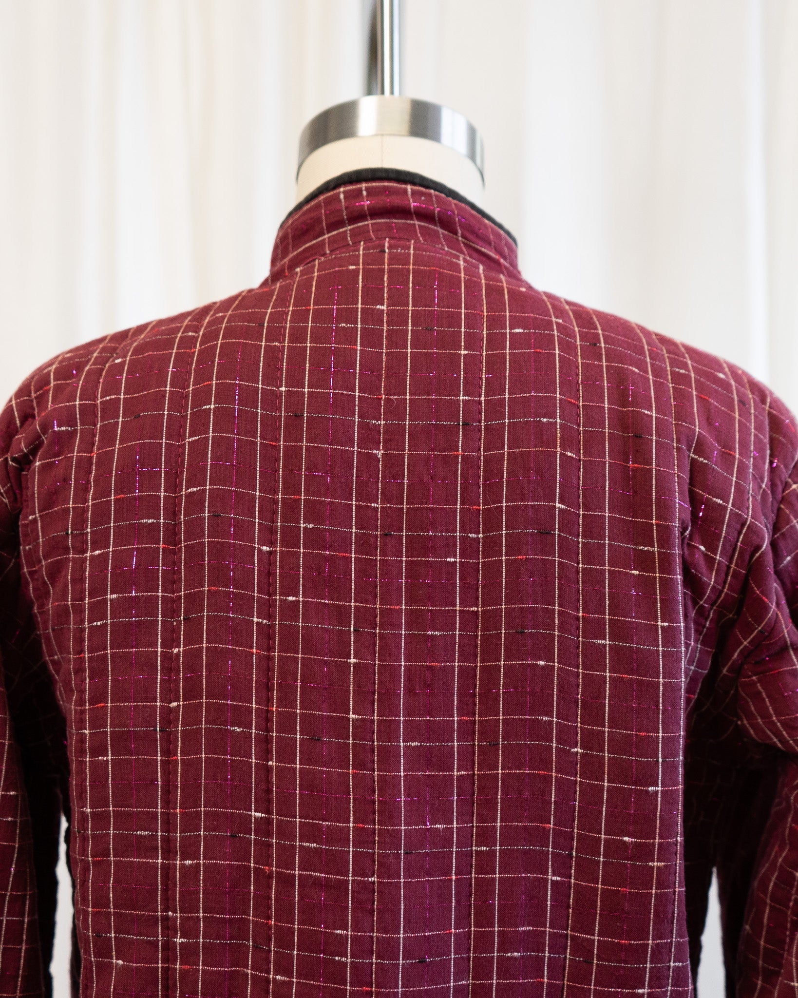 80s Chinese Tang Suit Indian Cotton Quilted Jacket in Maroon & Pink Lamé Plaid