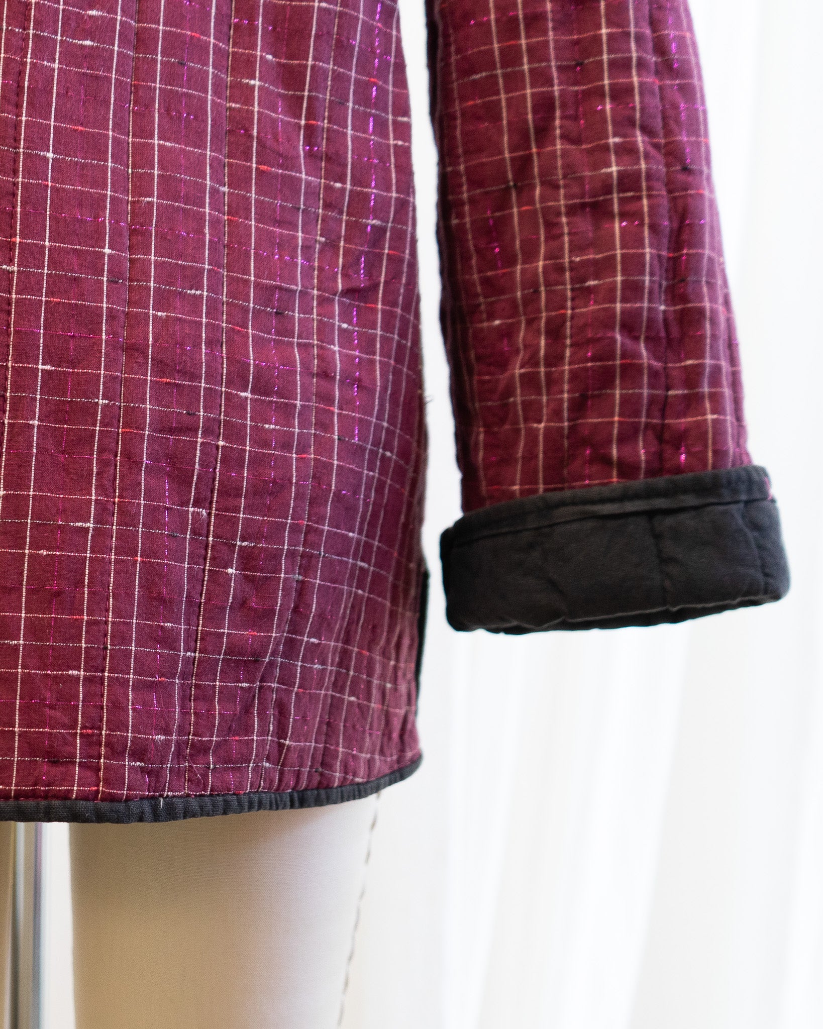 80s Chinese Tang Suit Indian Cotton Quilted Jacket in Maroon & Pink Lamé Plaid
