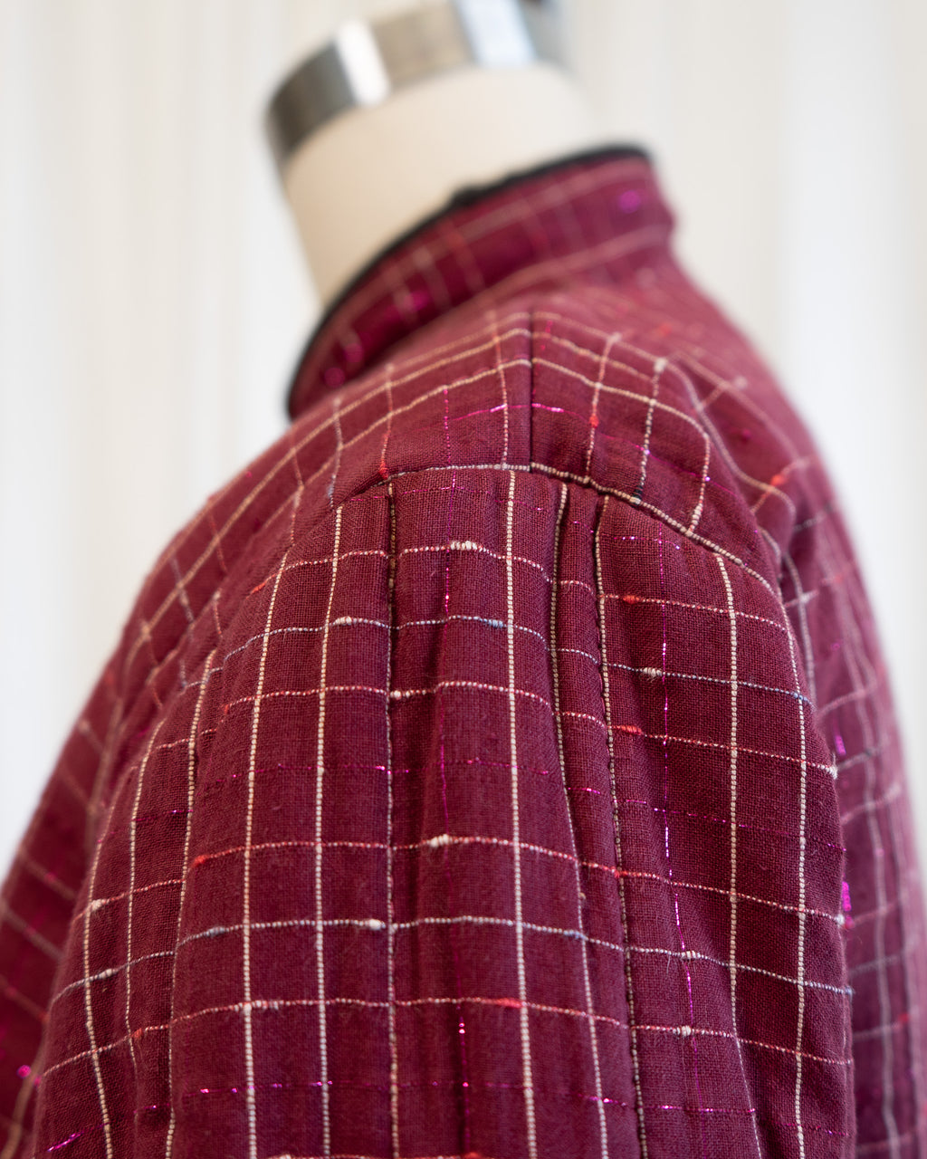 80s Chinese Tang Suit Indian Cotton Quilted Jacket in Maroon & Pink Lamé Plaid