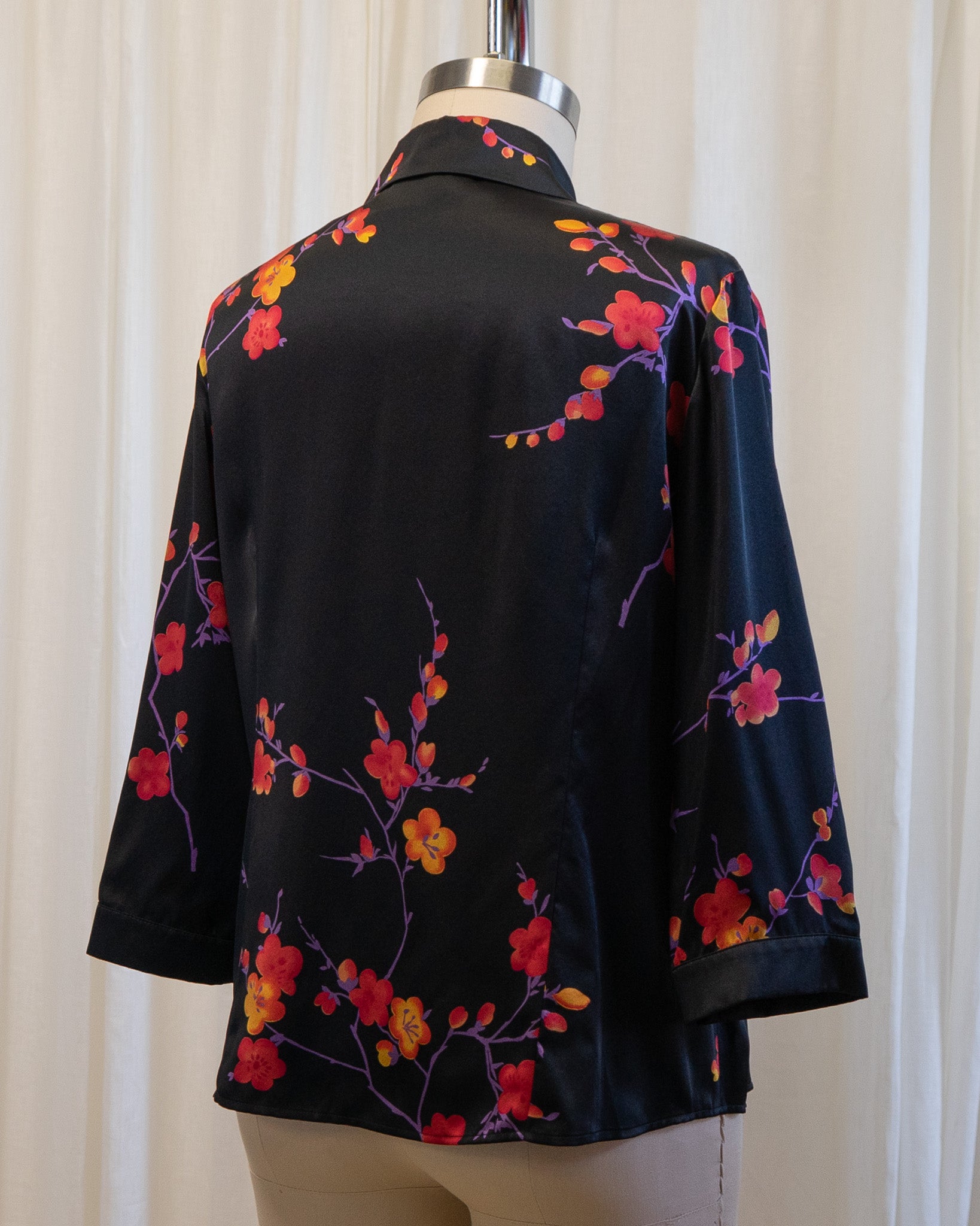 90s Carlisle Black Pure Silk Chinoiserie Floral Blouse