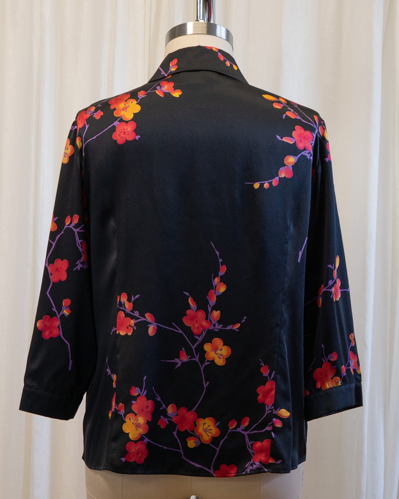 90s Carlisle Black Pure Silk Chinoiserie Floral Blouse