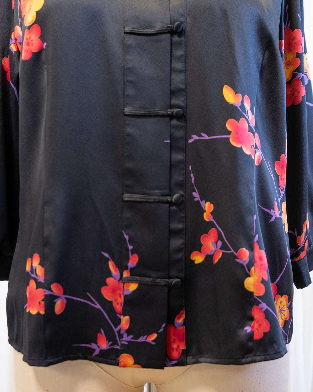 90s Carlisle Black Pure Silk Chinoiserie Floral Blouse