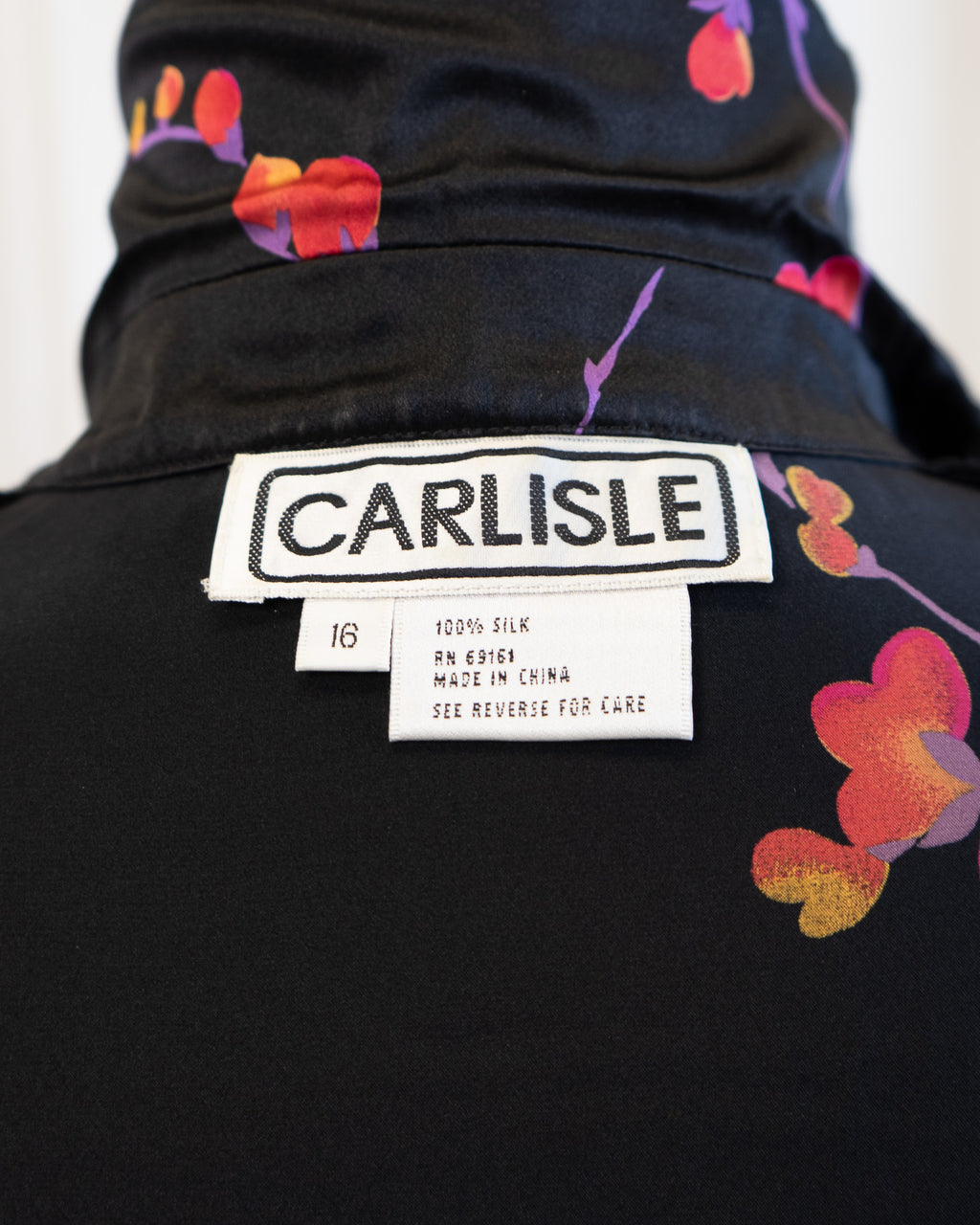 90s Carlisle Black Pure Silk Chinoiserie Floral Blouse