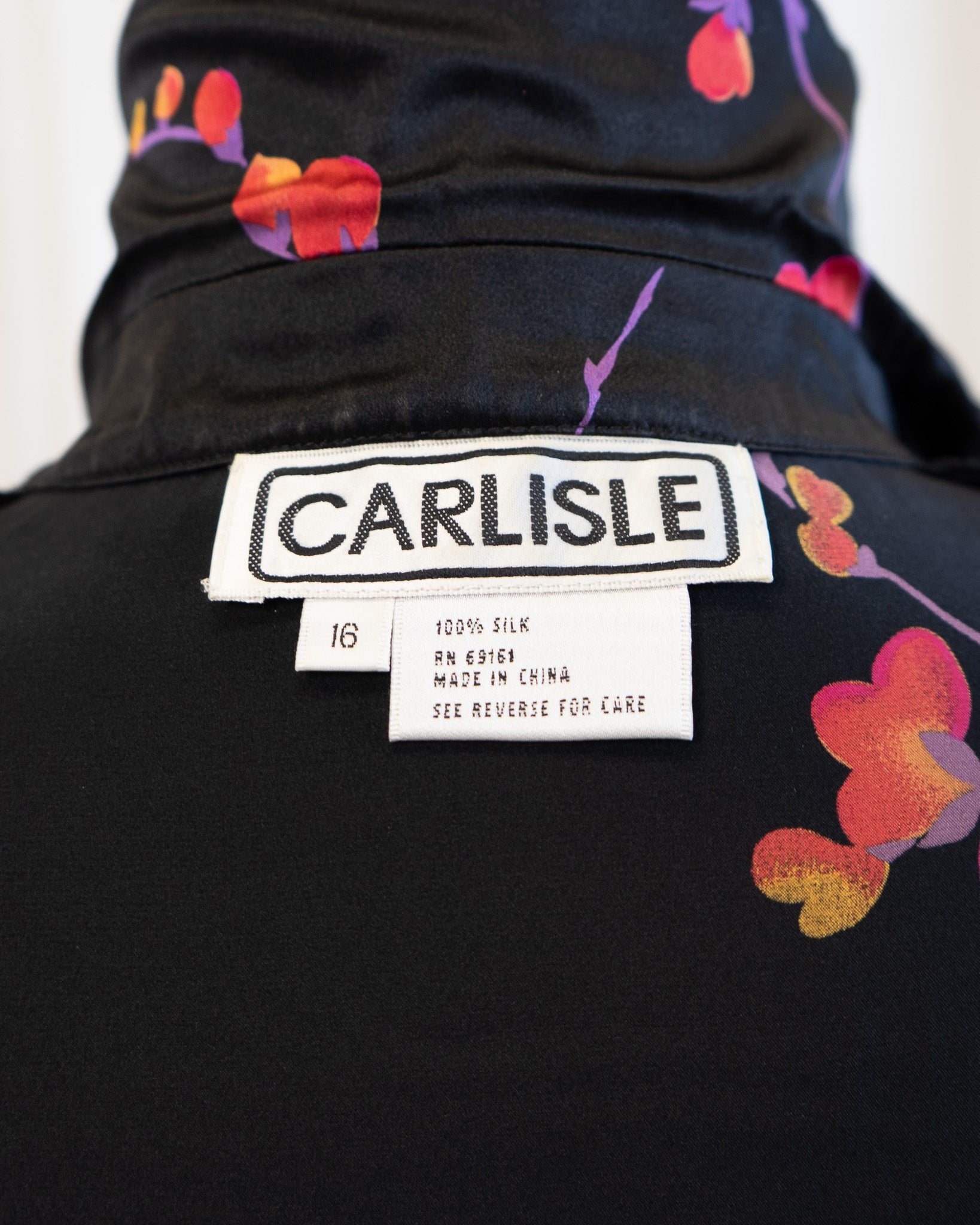 90s Carlisle Black Pure Silk Chinoiserie Floral Blouse