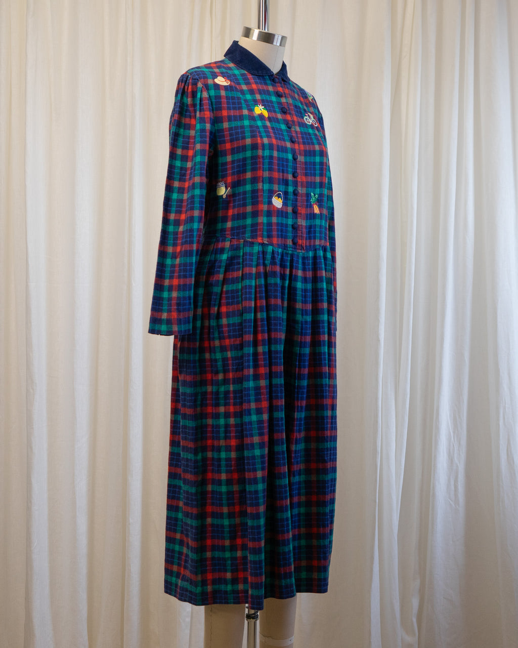 00s "Farmer's Market" Embroidered Eddie Bauer Plaid & Corduroy Dress