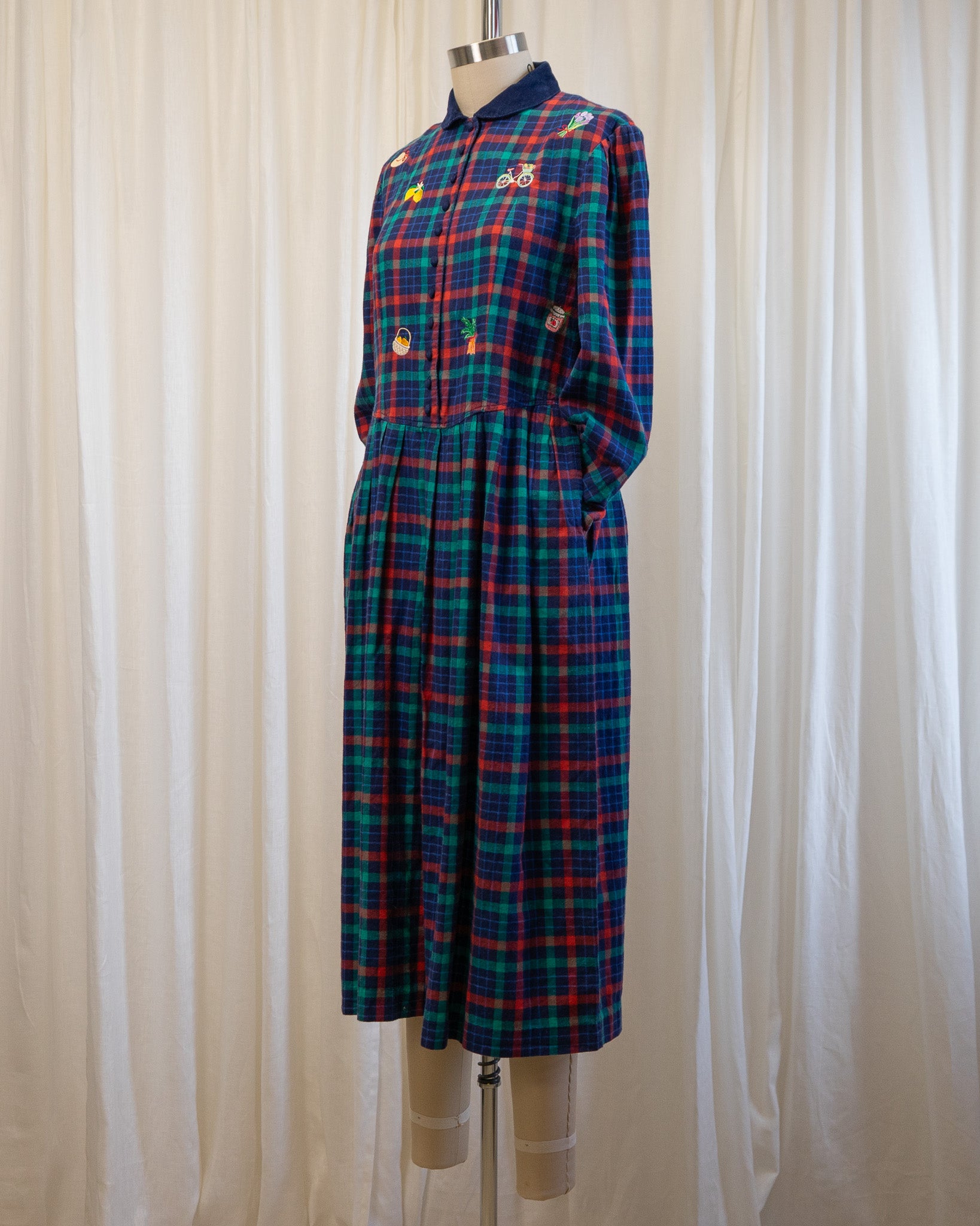 00s Eddie Bauer Navy Plaid Flannel Dress w Curduroy Collar