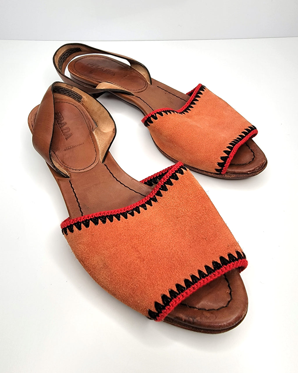 00s Prada Orange Woven Suede & Brown Leather D'orsay Sandals