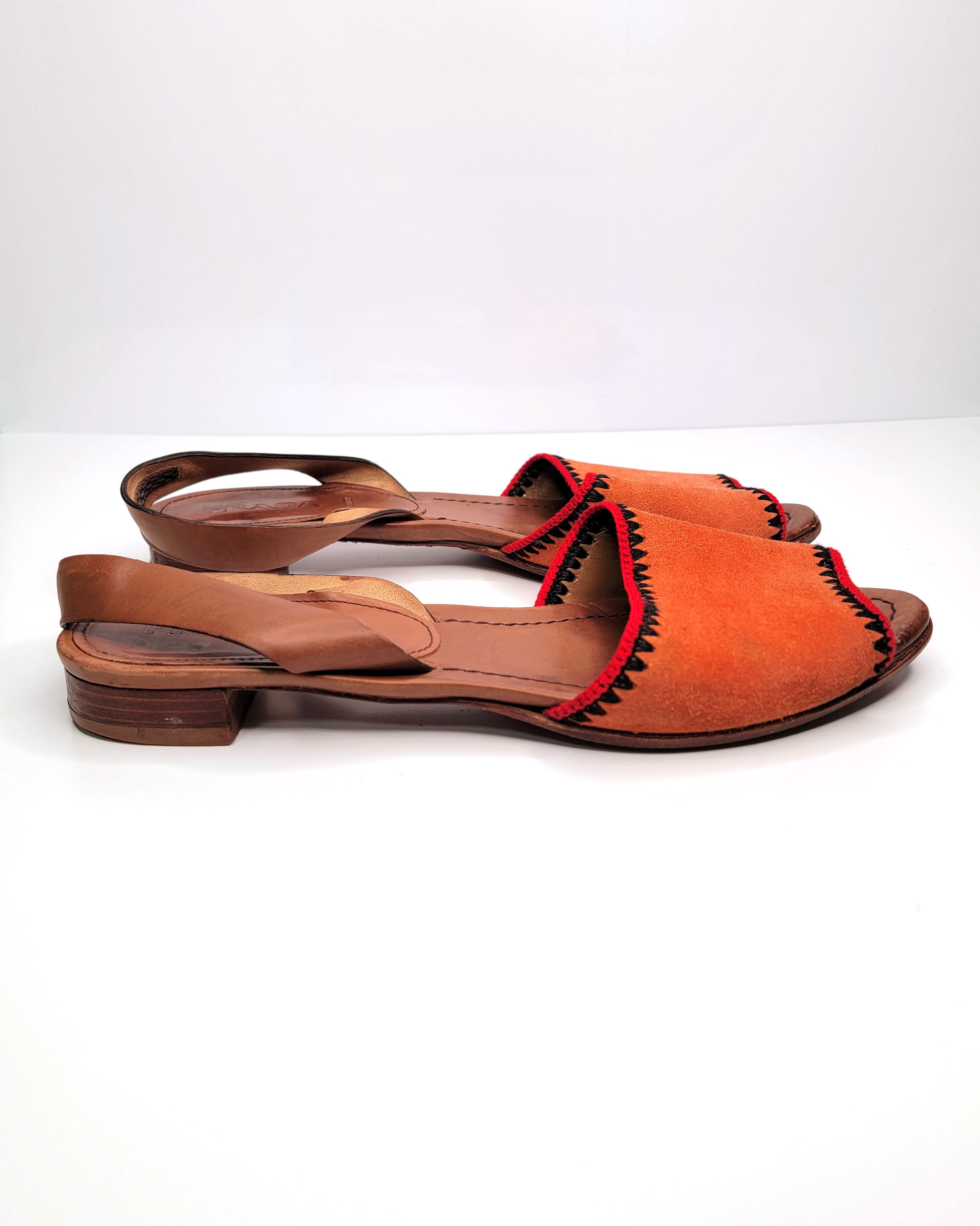 00s Prada Orange Woven Suede & Brown Leather D'orsay Sandals