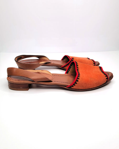 00s Prada Orange Woven Suede & Brown Leather D'orsay Sandals