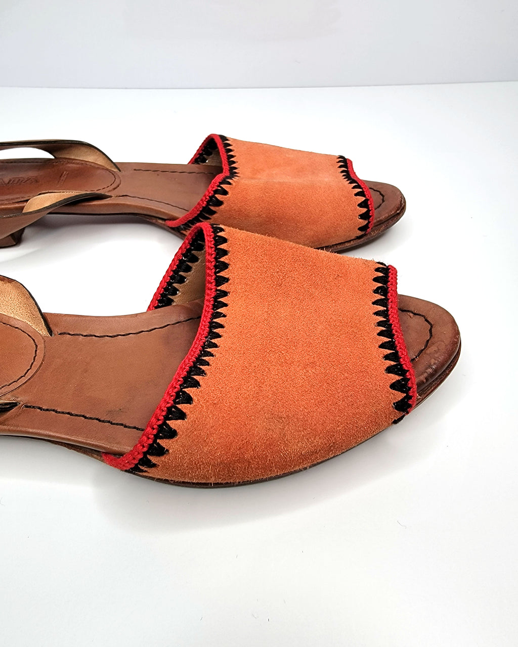 00s Prada Orange Woven Suede & Brown Leather D'orsay Sandals